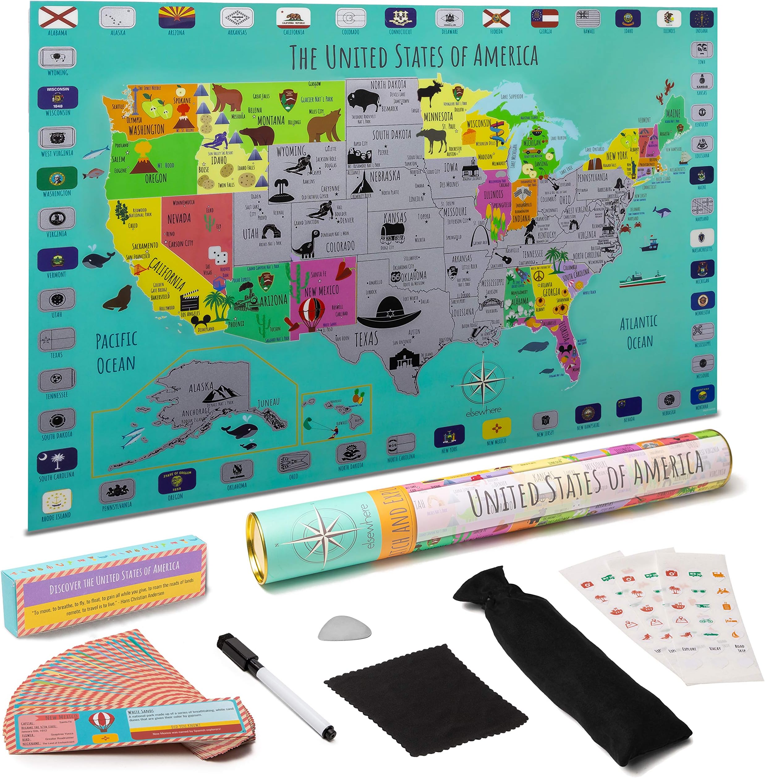 STEM Geo-Literacy USA Homeschool Toy for Kids | Fun way to teach from home! | National Parks, Flags | 64 Landmarks & Learning Cards, Stickers| Writable Surface, Marker | Gift-Ready Packaging