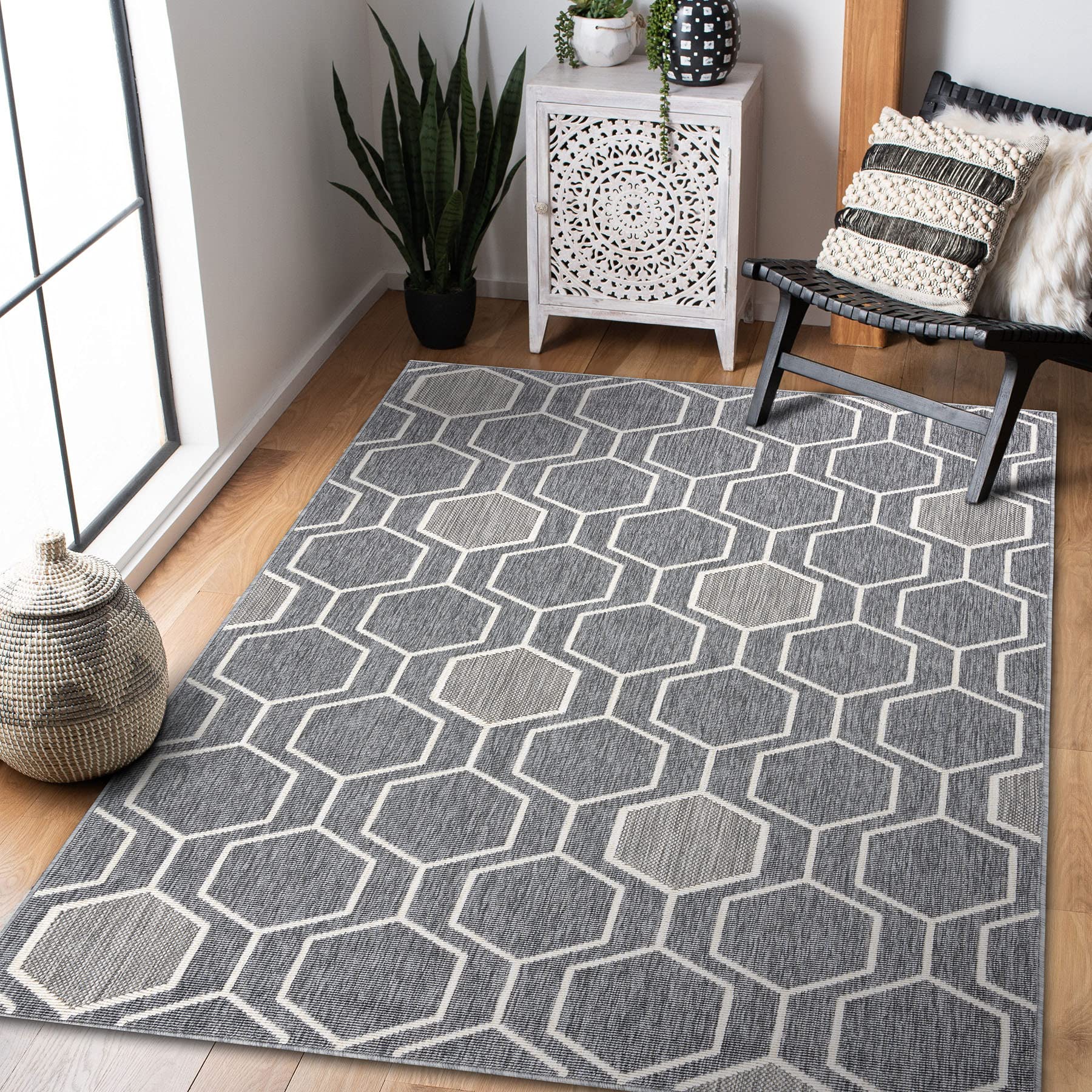 rugsx Nowoczesny dywan SISAL Spring Hexagon, sznurkowy dywan do salonu, sypialni, na taras, do kuchni, ze szlufką na dywan – szary, 140 x 200 cm