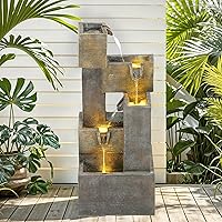 Autodaya 32.5" 5-Tier Modern Outdoor Water Fountain with LED Lights - Cascading Stacked Blocks Waterfall for Patio Garden Yard