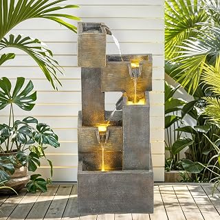 Autodaya 32.5" 5-Tier Modern Outdoor Water Fountain with LED Lights - Cascading Stacked Blocks Waterfall for Patio Garden Yard