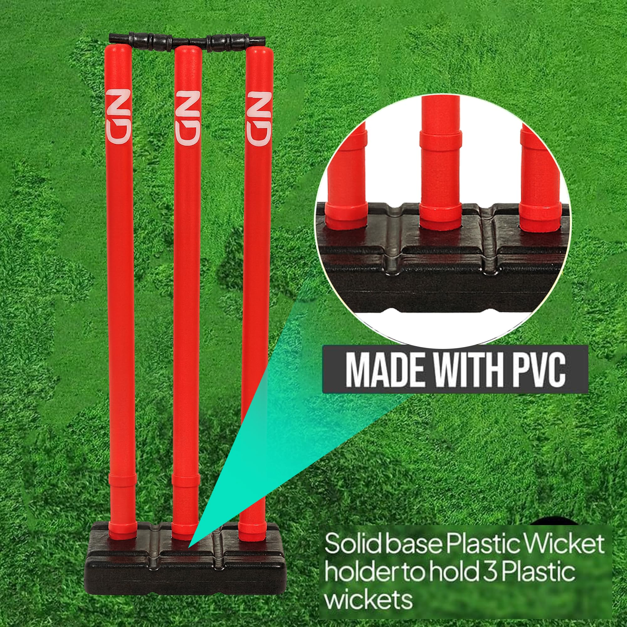 ND Sports Wicket Stumps with Bail - Durable, Lightweight & Portable Cricket Set for All Surfaces, Red / Black, Junior (Size 5) - Pack 1 - Image 5