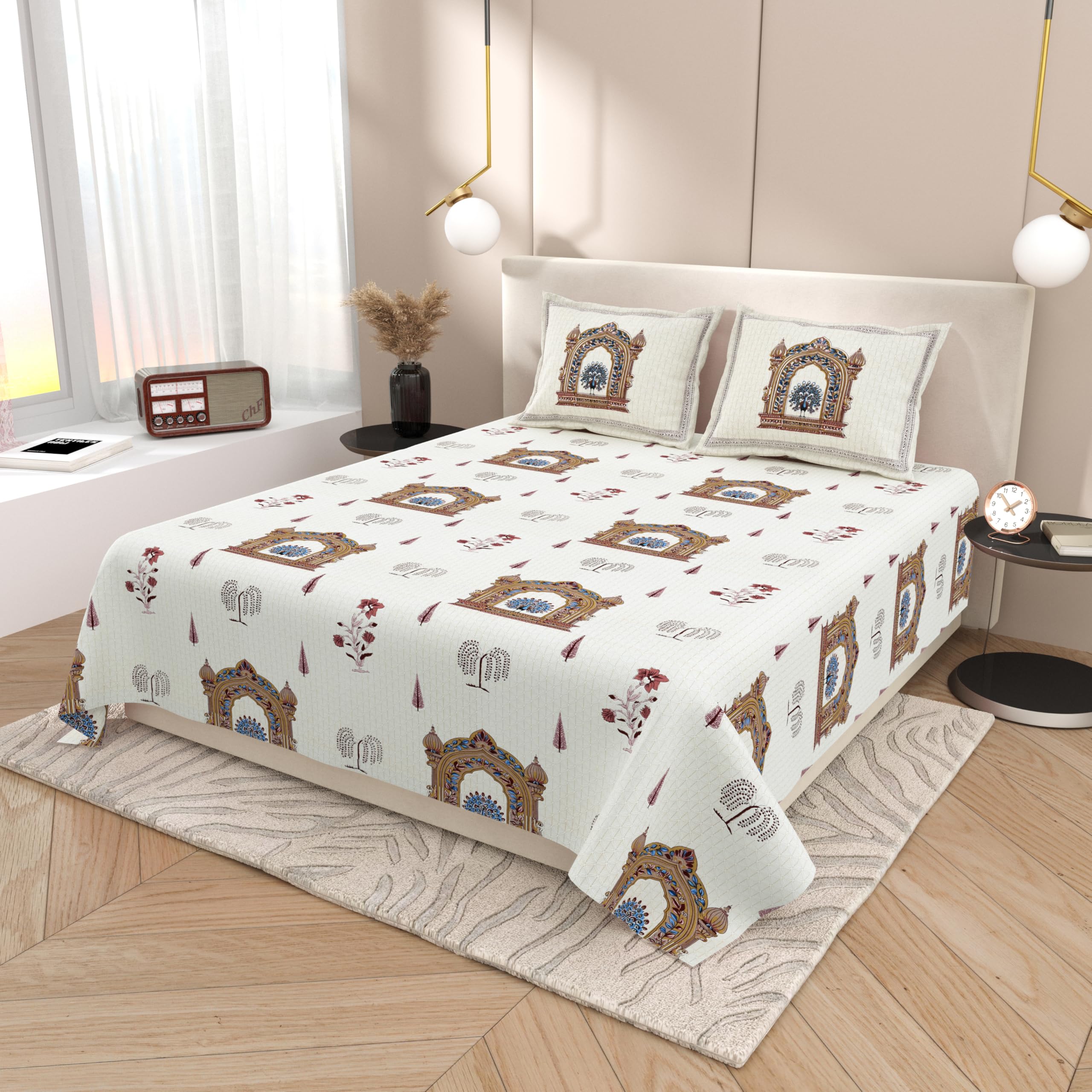 INDRA'S 100% Egyptian Cotton Bedsheet for King Size Bed | 160 TC | Printed | 1 Piece Cotton bedsheet with 2 Pillow Covers (265 x 275 cm) (Cream-Blue)-image-7