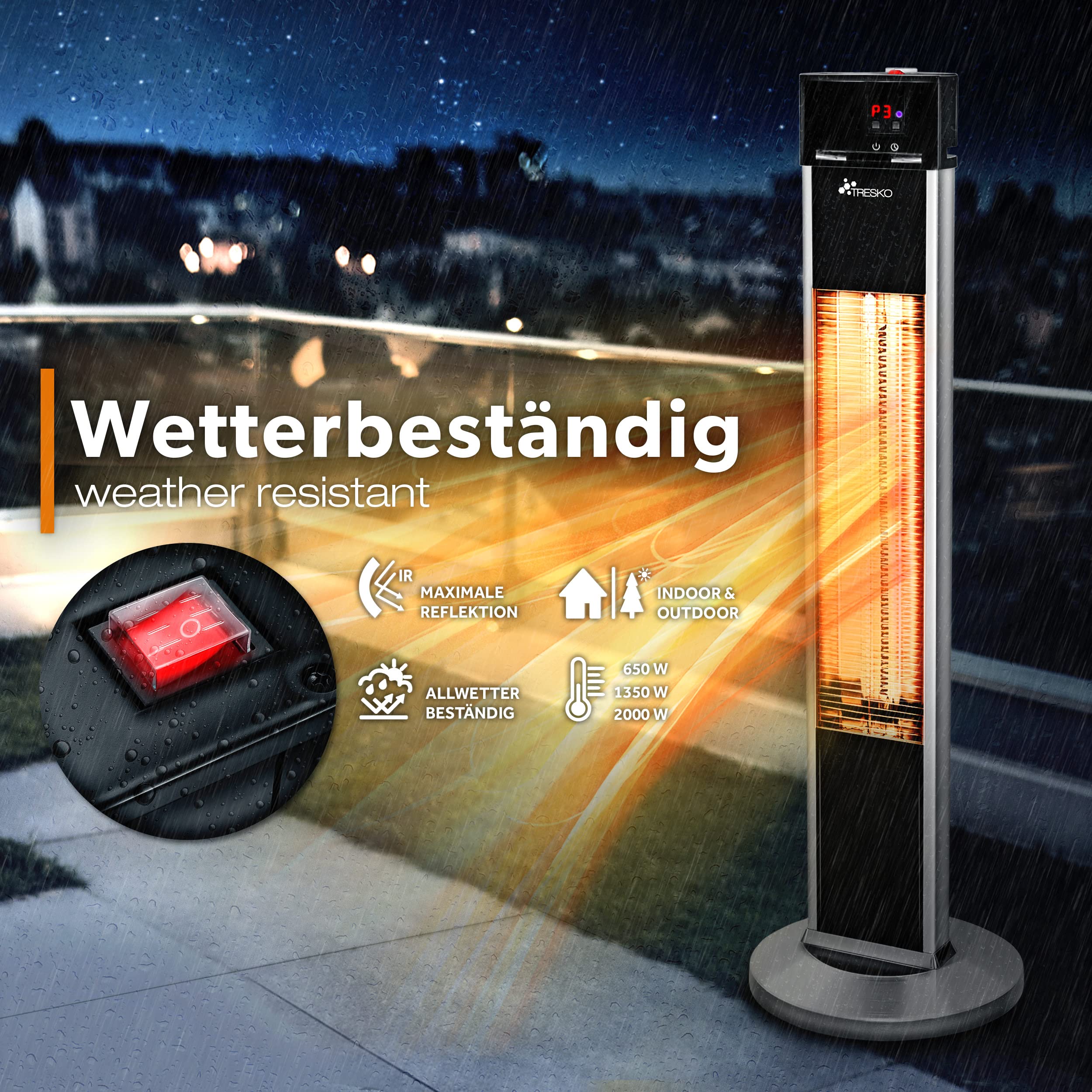 TRESKO Promiennik podczerwieni 2000 W z pilotem zdalnego sterowania | elektryczny promiennik ciepła na taras z 3 stopniami ogrzewania | promiennik tarasowy do wewnątrz i na zewnątrz | promiennik