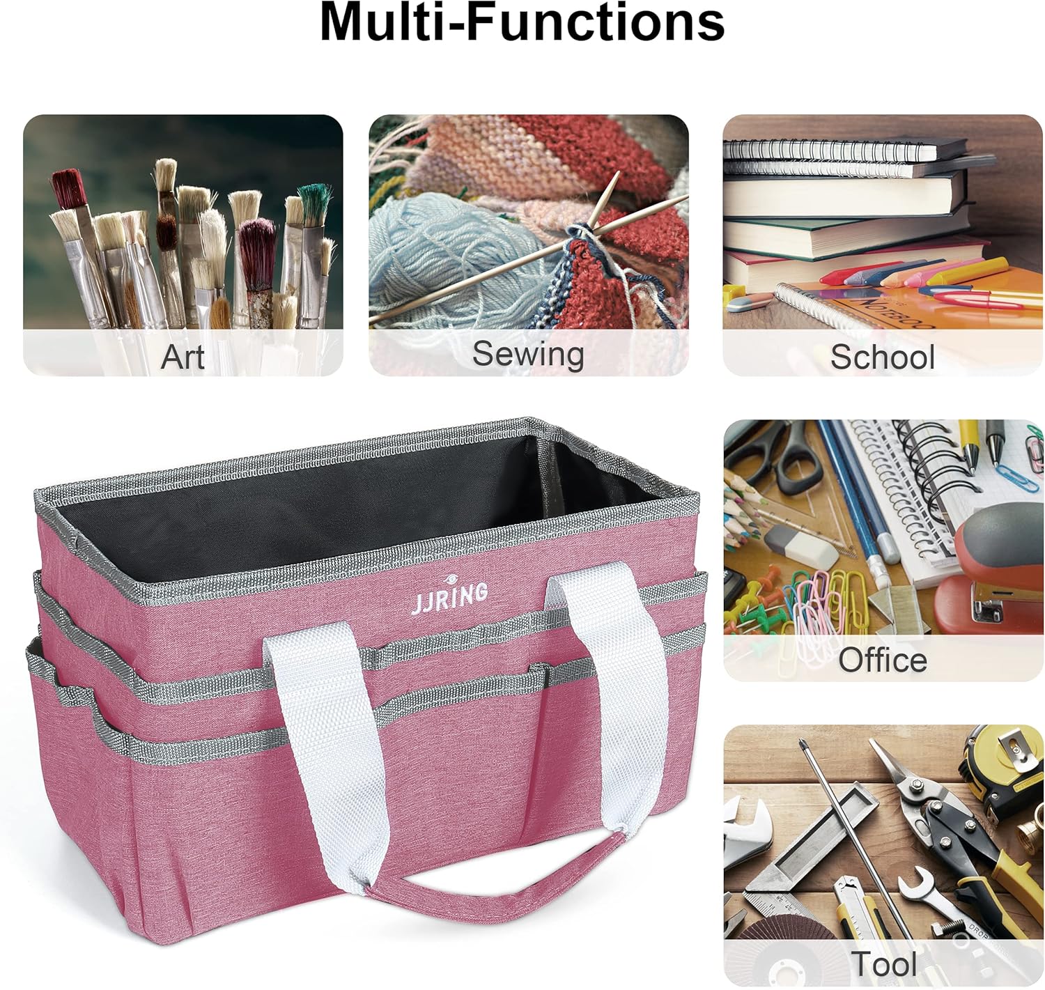 JJRING Craft Organizer Tote Bag, Art Storage Caddy with Multiple Pockets, Pink Sewing Bag for Art, Craft, Scrapbooking, School, Medical, and Office Supplies Storage - Image 5