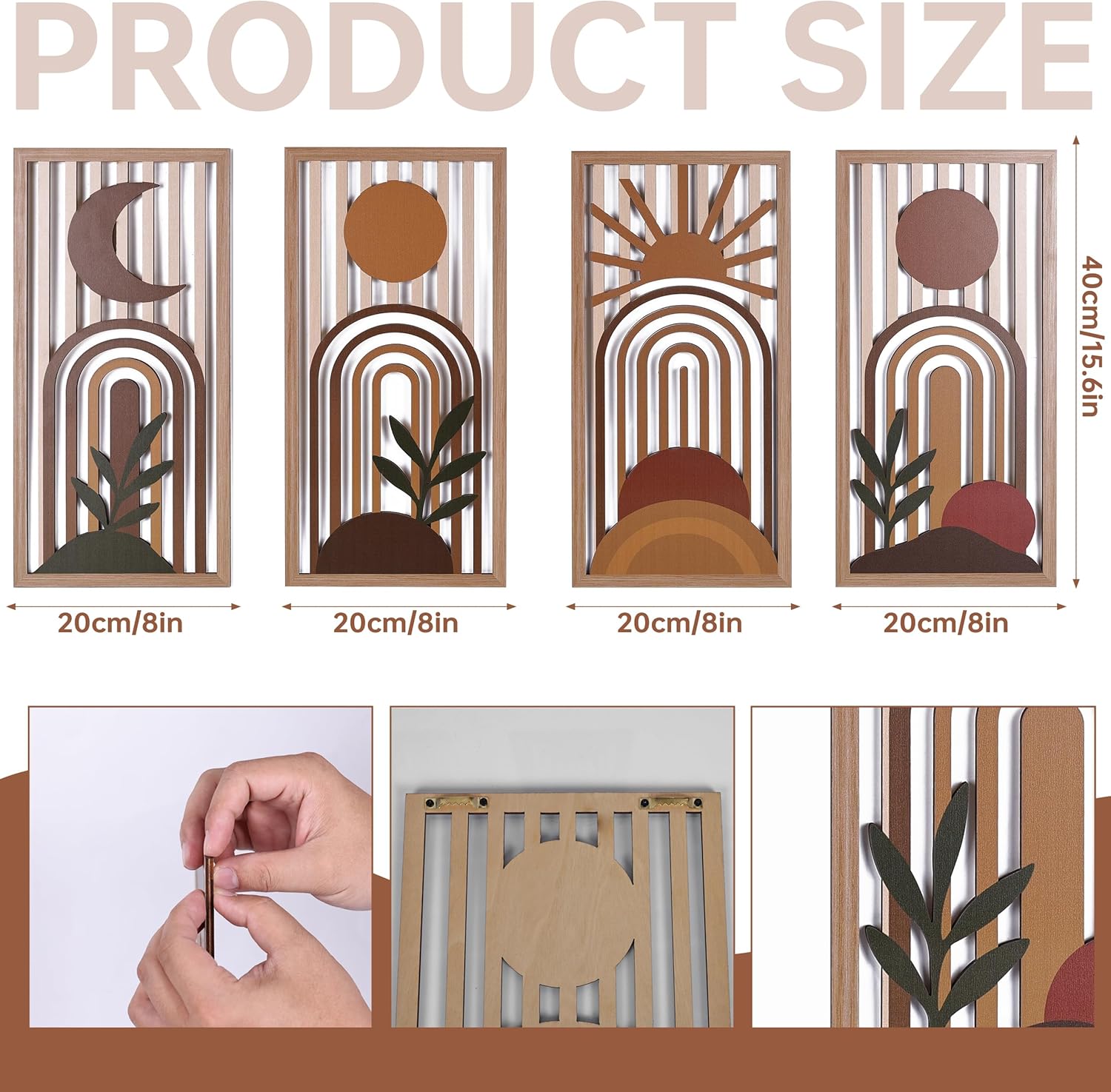 Boho Wall Art Set of 4, Terracotta Wall Decor & Burnt Orange Bedroom Decor, Orange Modern Wall Art with Arch/Botanical Design - Mid-Century 3D Wooden Abstract Geometric Artwork for Home Living Room Office(C)