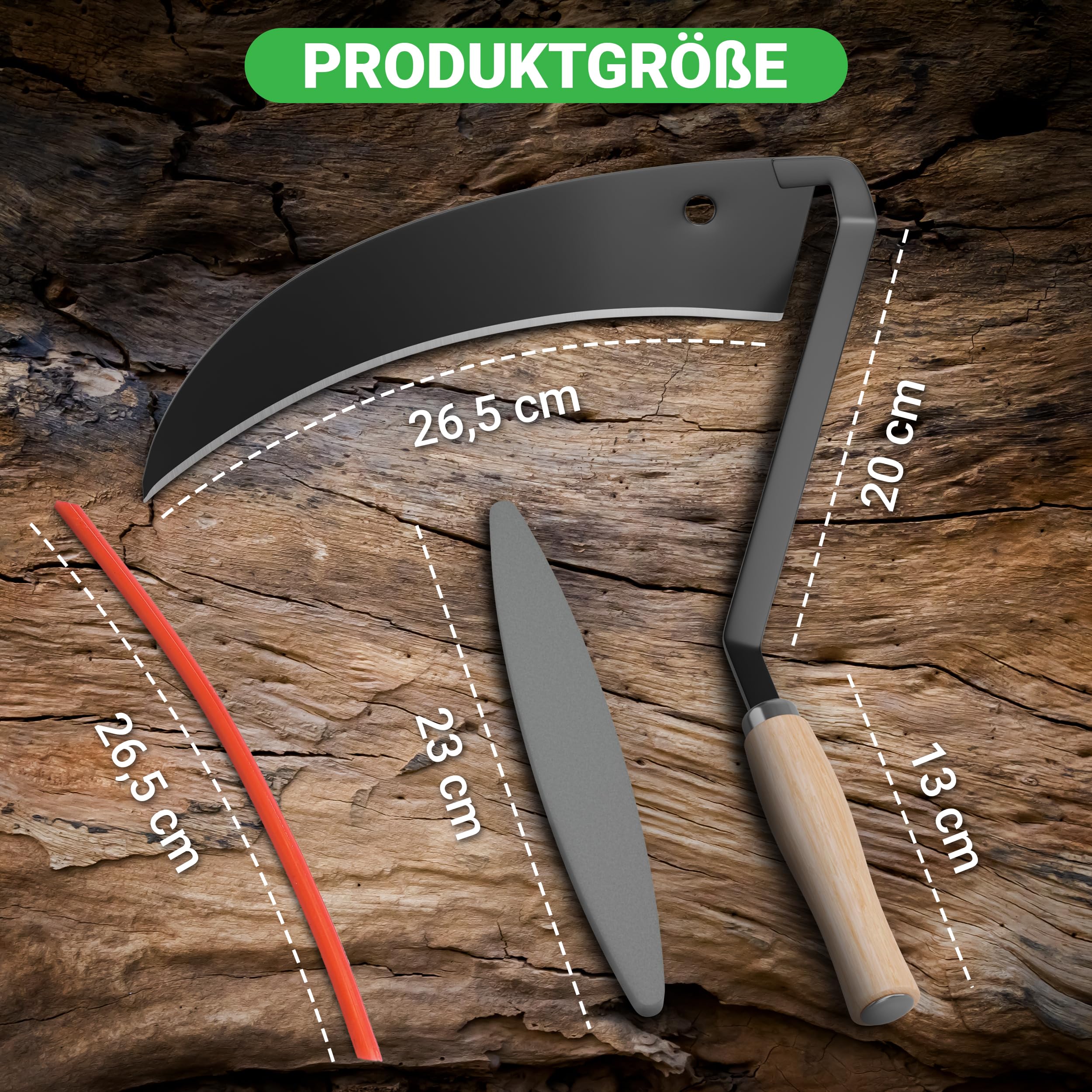 Sensensichel mit Holzgriff - traditionelle scharfe Sichel - nachhaltige Handsense 31x33 cm- inklusive Gratis Schleifstein – robuste Handsense für Gras