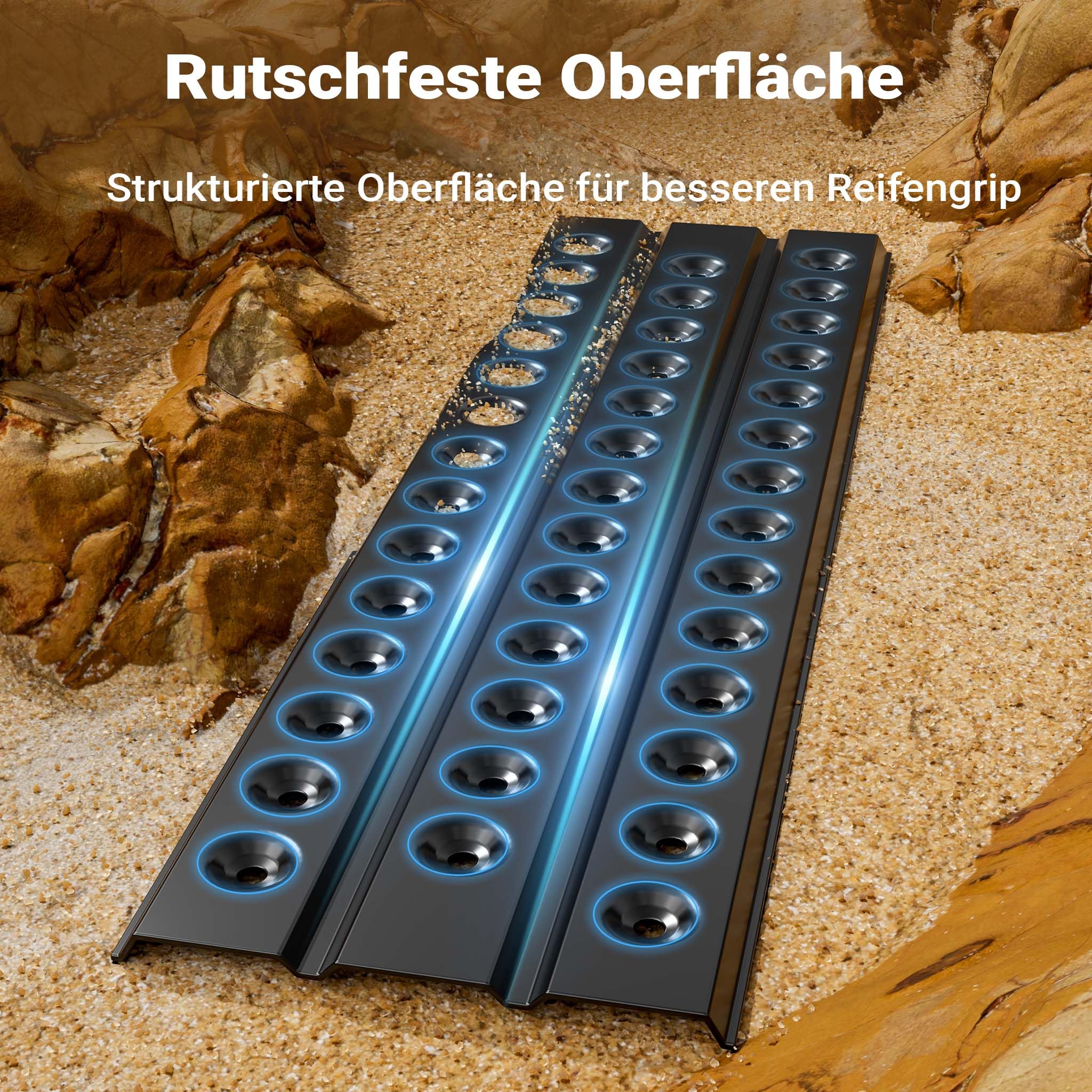 Wiltec Sandbleche 2 Stück 150 x 45 cm Sandboards aus Aluminium Anfahrhilfe für Autos, leichte Wohnmobile und Offroad Fahrzeuge Traktionshilfe