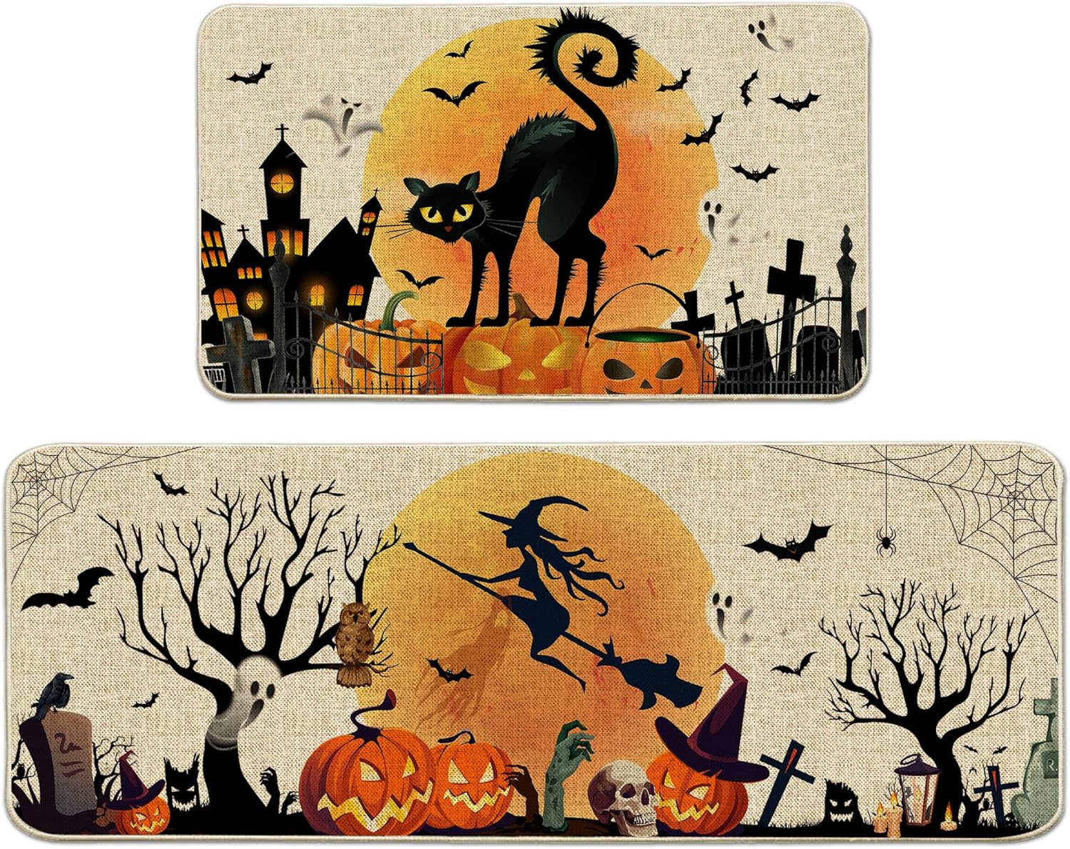 Hexagram Halloween Kitchen Decor, Halloween Kitchen Mats Set of 2, Black Cat Witch Bathroom Rugs 17x29 and 17x47 Inch Halloween 1'5" x 3'11" (Rectangular)