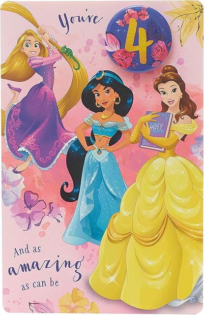 UK Greetings, 673280 Disney Princesses 4th Birthday Greetings Card with Badge