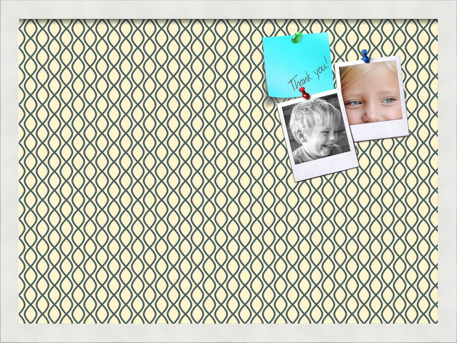 PinPix 20x14 Inch Cork Bulletin Board. This Decorative Framed Pin Board Comes with Sky Blue Waves Design and a Satin White Frame Frame. Ideal for Home Office Decor or Message Board (PinPix-245)