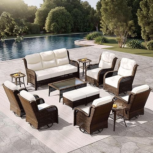 High Back Outdoor Furniture with Extra Thick Cushion Patio Swivel Rocking Chairs, Comfort 3-Seat Sofa, 13PCS Oversized Wicker Conversation Set for Porch, Deck, Yard in Cream White