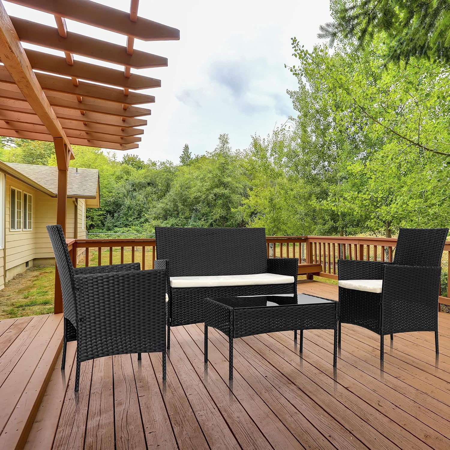 Skyfish 4-Piece Patio Conversation Set Outdoor Furniture with Cushion, Rattan Wicker Chairs, one Sofa and a Coffee Table with Tempered Glass Top Use for Backyard Porch Garden Poolside Balcony (Black)