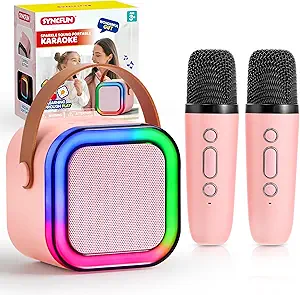 SYNCFUN Karaoke Machine, Mini Karaoke Machine with 2 Wireless Microphones for Kids and Adults, Bluetooth Speaker Toys, Birthday Girls Gift for Ages 3,4, 5, 6,7, 8,9,10,11,12+ Years Old(Pink)
