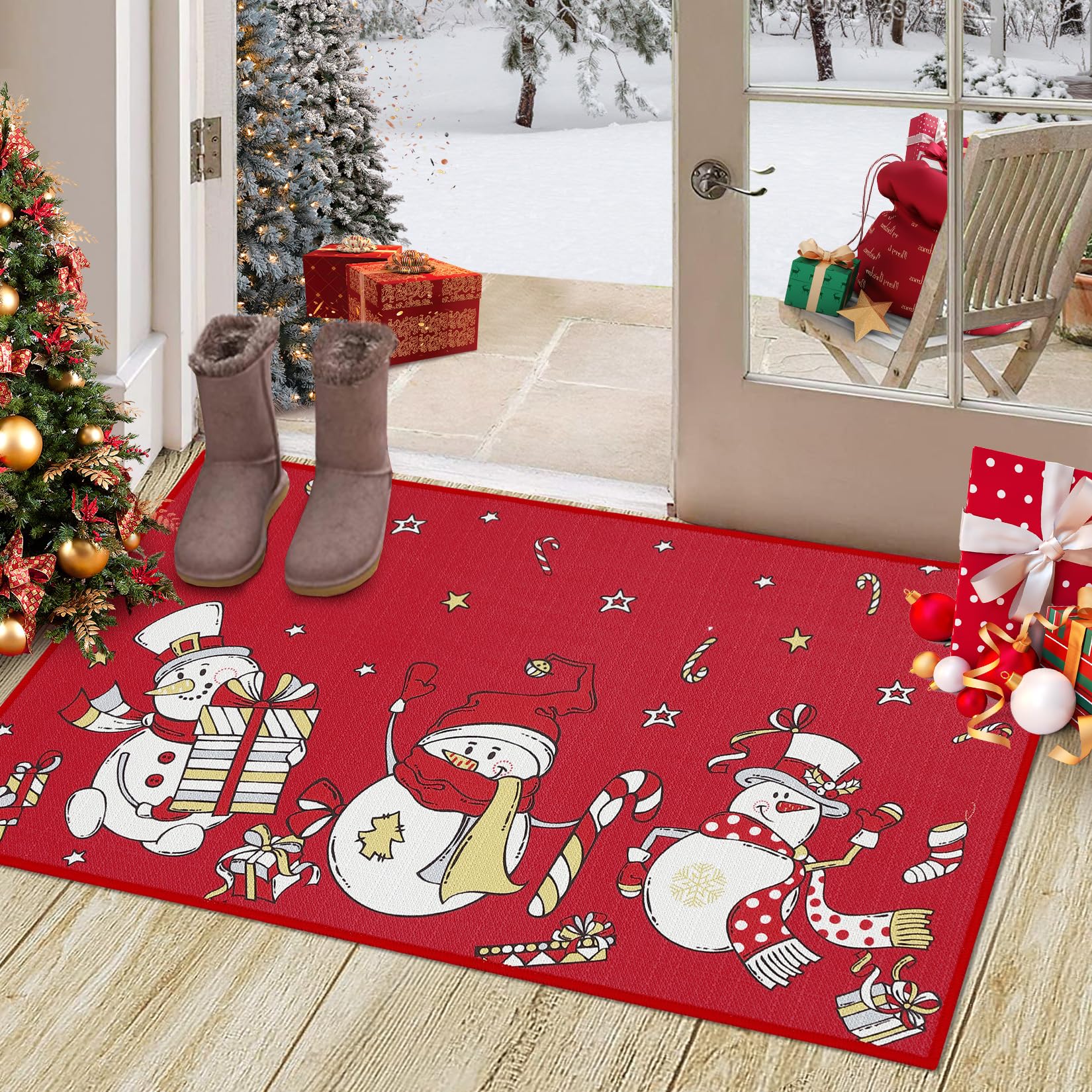 LuxFocus Felpudo decorativo de Navidad, rústico, muñeco de nieve, tapete de bienvenida para decoración del hogar, tapete antideslizante para casa de campo, entrada interior y exterior, 40 x 60 cm