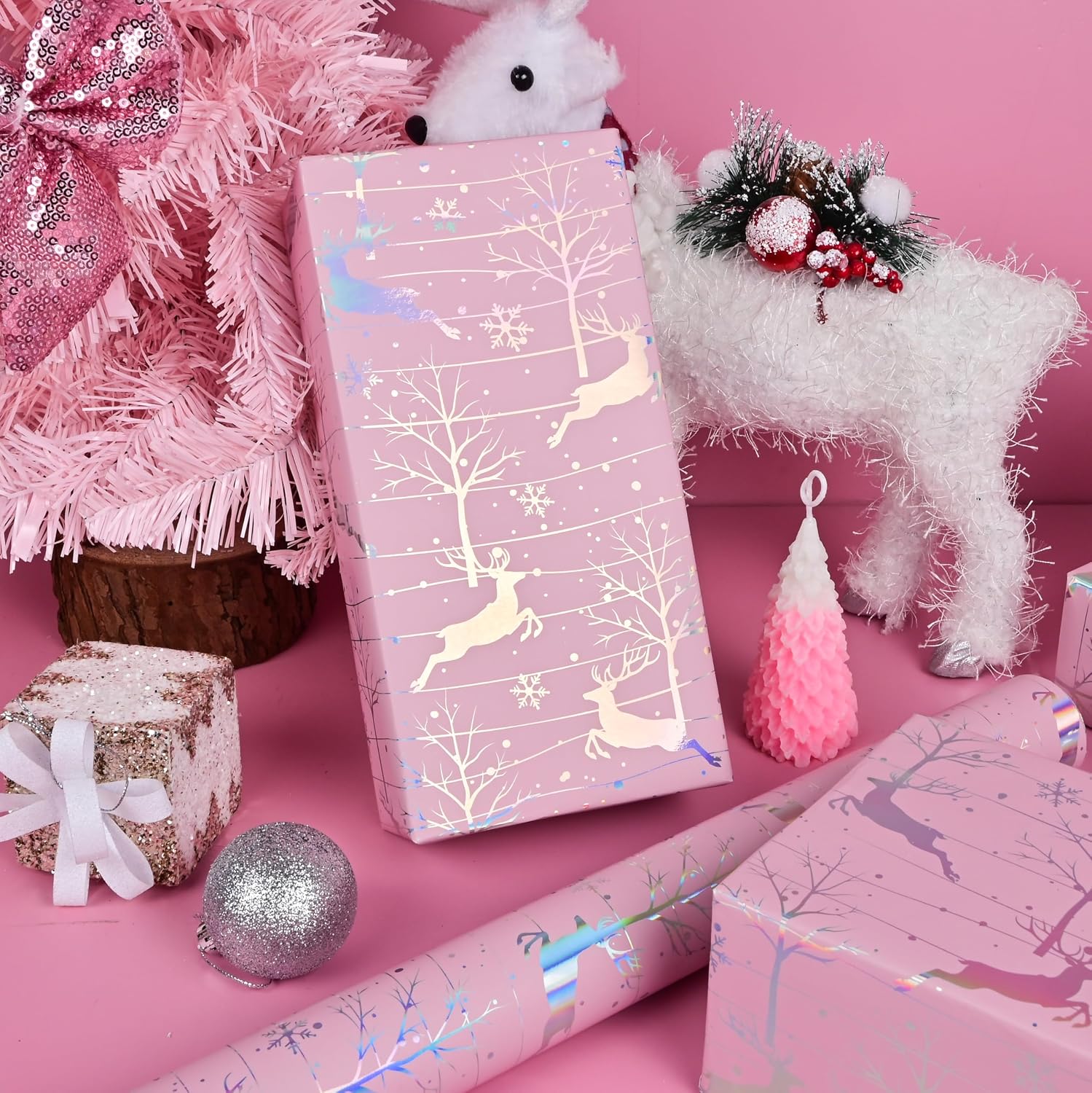 Dlyrroba Pink Christmas Wrapping Paper Roll - Pink Reindeer Holographic Gift Wrap Luxury Metallic Foil Design for Festive Winter Holiday Season - 17in X 16.5ft image 3