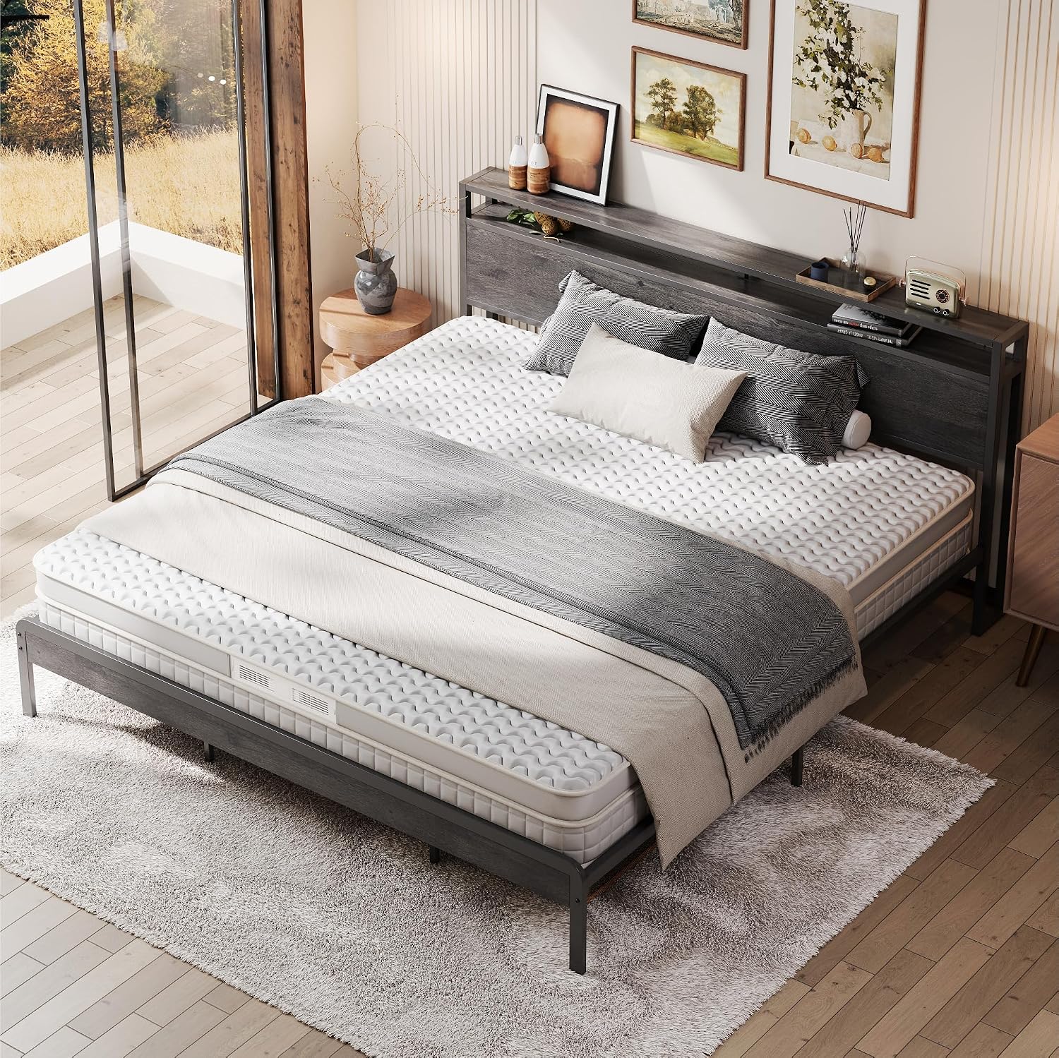 LIKIMIO King Bed Frame with Headboard, Dark Wood Camas King with Strong Supports, Sturdy, Noise-Free, No Box Spring Needed, Grey