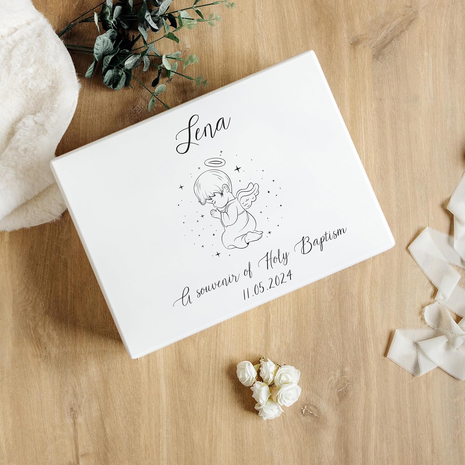 Personalized White Wooden Storage Box Baptism Box | 15.8x11.8x5.5in (+-0.5) | Candle | Hinged Lid Engraving | Unpainted Gift Box | Rough UNSANDED Keepsake Souvenir Chest