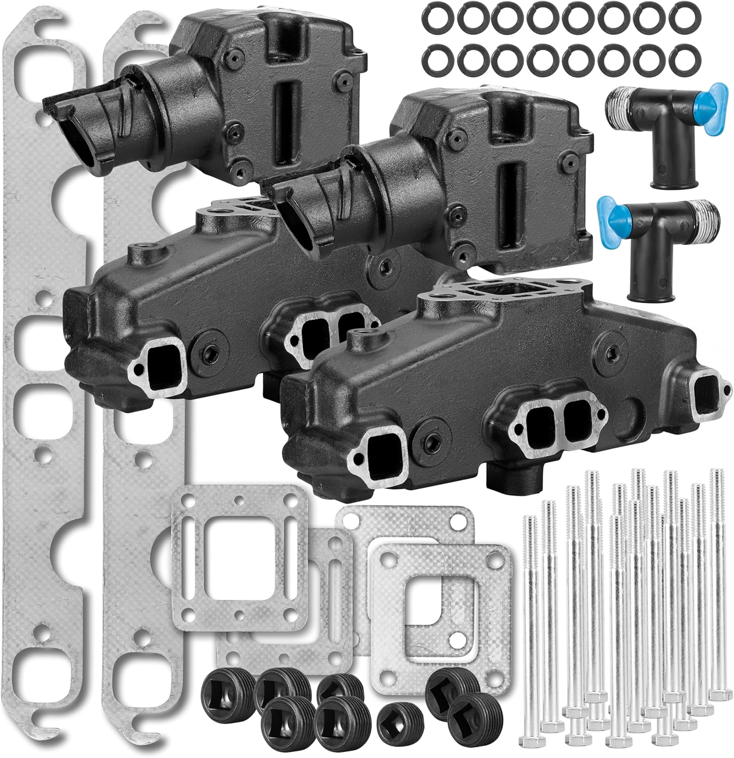 FASWORX Exhaust Manifold & Riser Kit for MerCruiser 5.0L (305), 5.7L (355), 6.2L (377) V8 Engines (Years 1983 - Early 2002) | Wet Joint 4” Center-Rise Elbow | Replaces 860246A15, 807988A03, 18-1953-2