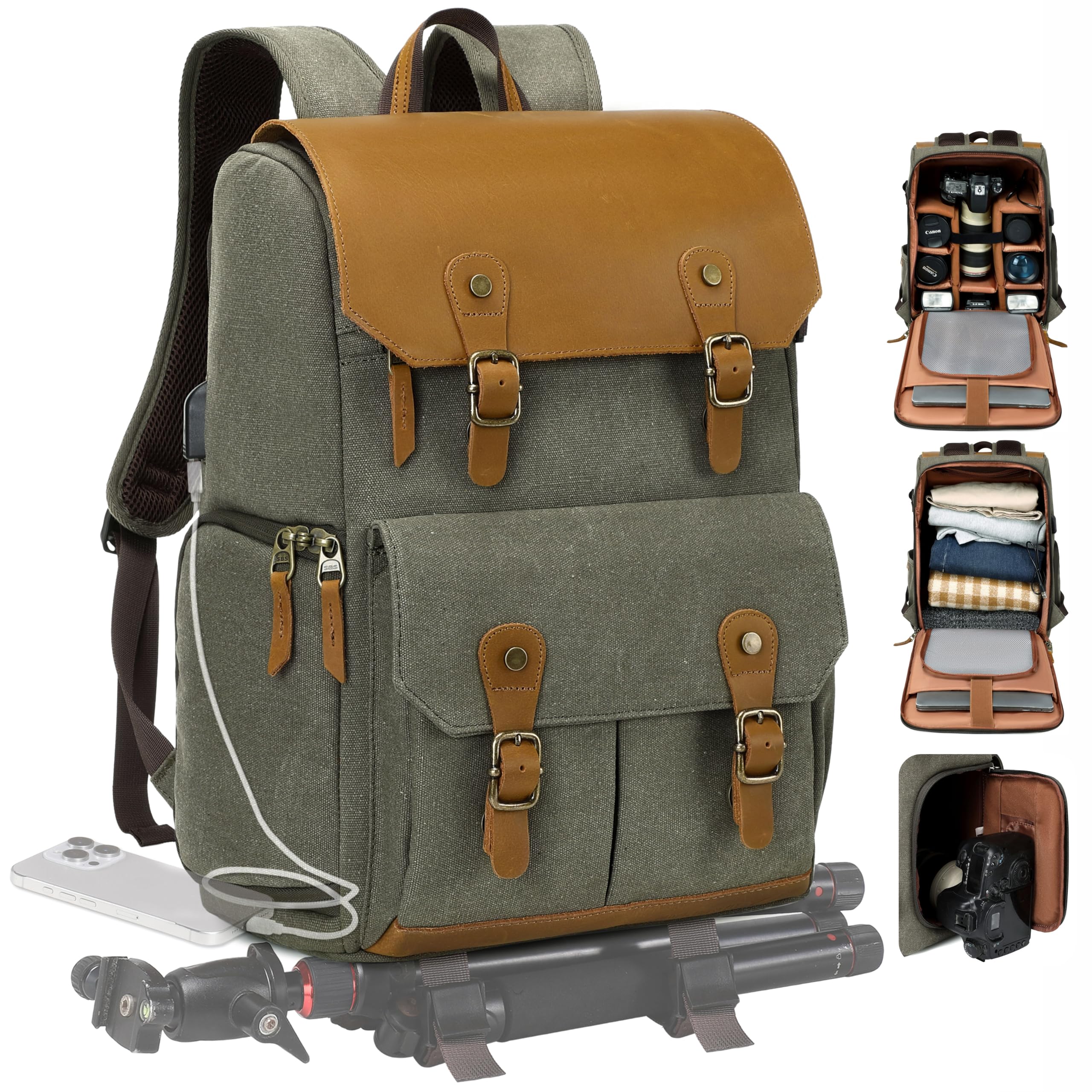 Padwa Lifestyle Green Professional Camera Backpack - Retro Crazy Horse Art Cowhide Canvas Large Camera Bag with Multi Camera&16” Laptop Thick Compartment,Weather Resistant Photography Backpacks