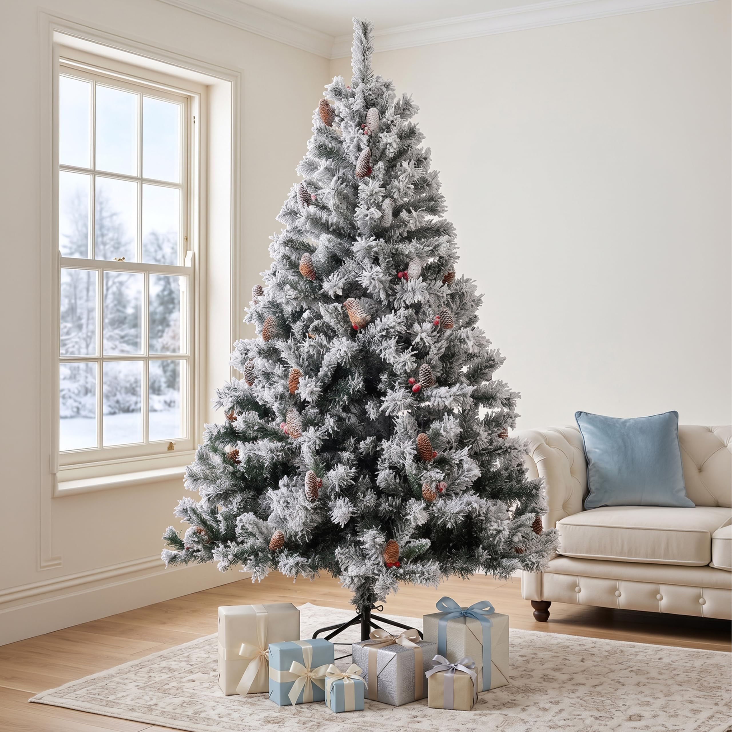 EVRE 7ft Christmas Tree White Snow Flocked Artificial 1200 Tips 210cm | PVC Xmas Tree With Red Berries And Pine Cones, Hinged 3-Section Frame, Metal Stand, Rubber Feet for Indoor Use | Not Pre-Lit