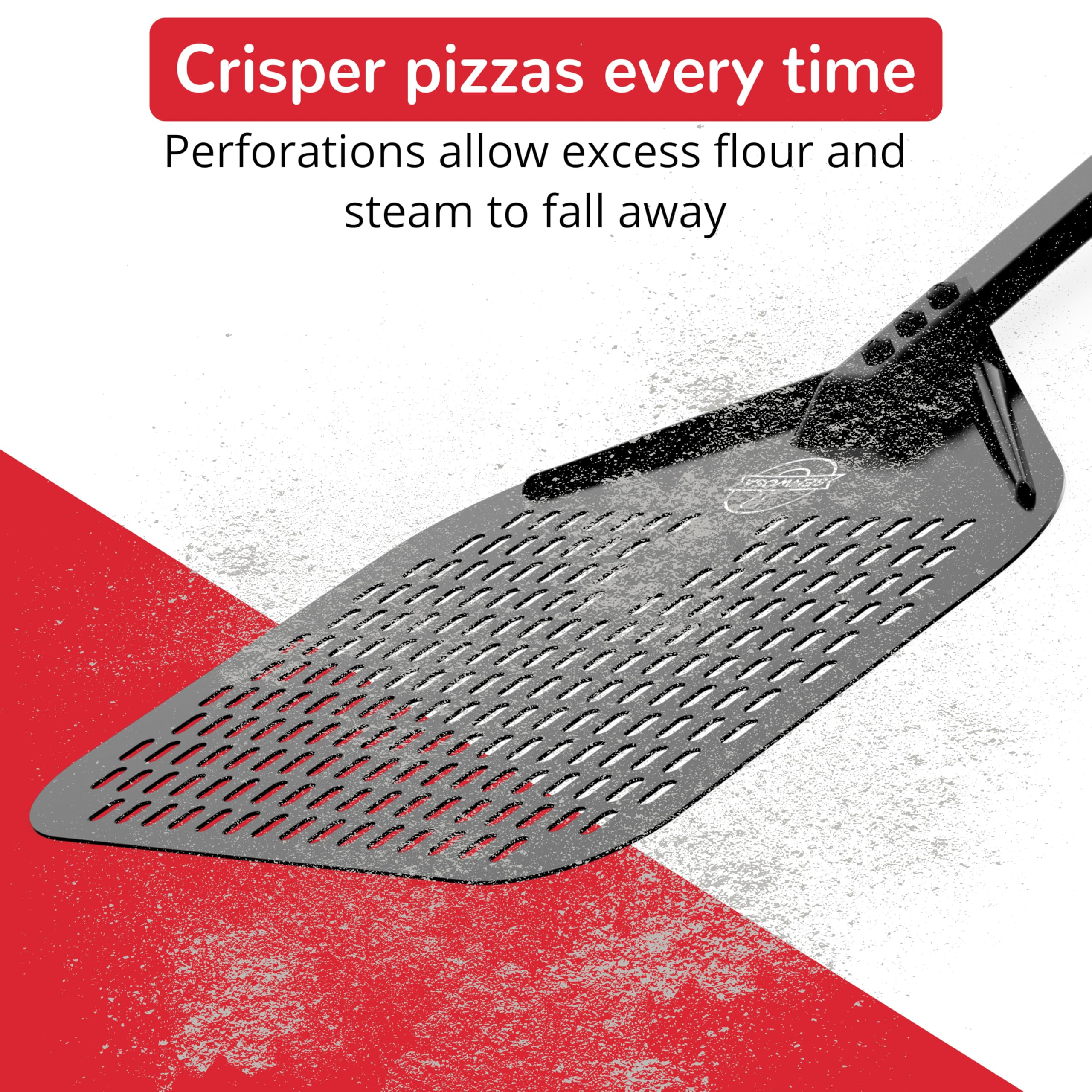 Senwosa Pala de pizza perforada antiadherente, excelente liberación de pizza, revestimiento de cerámica apto para alimentos, mango ergonómico para aspirantes a artesanos de pizza
