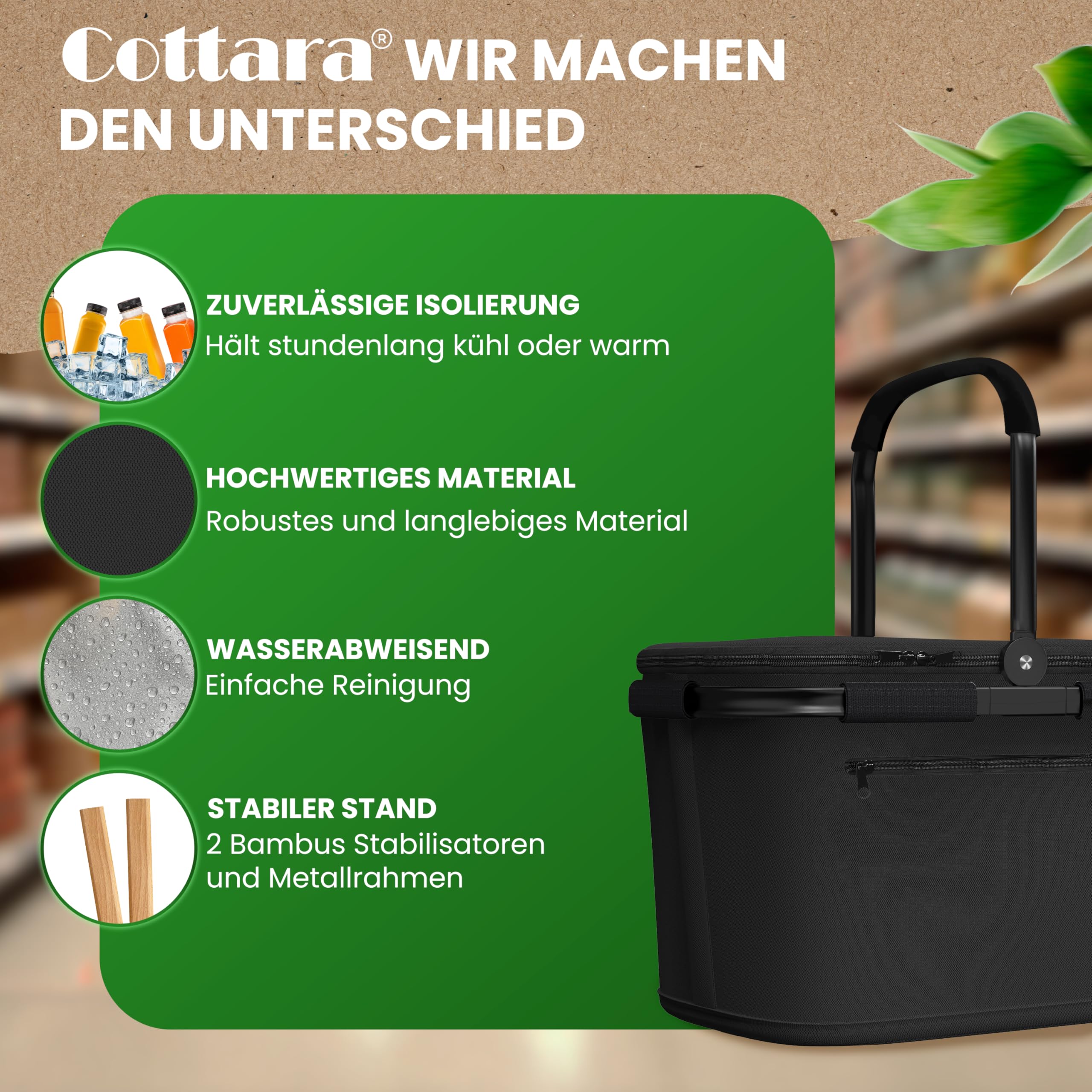 Cottara® Thermo Einkaufskorb Kühltasche groß | isolierter Einkaufskorb mit Deckel, verstärktem Boden, Frontfach mit Reißverschluss | Ideal als Kühlkorb oder Picknick Korb (Schwarz)