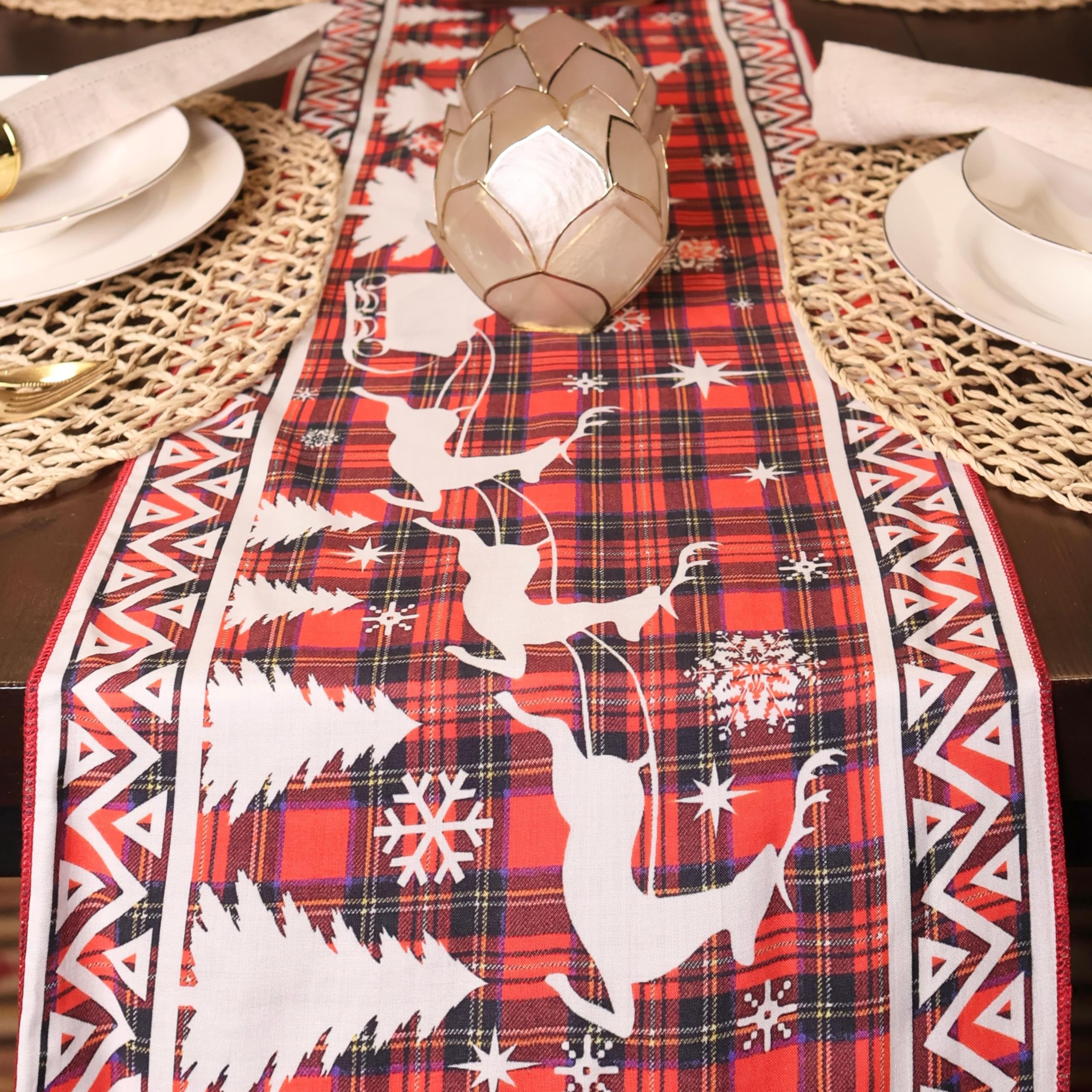 Christmas Table Runners Printed Xmas Holiday Season Home Table Christmas Decoration Handmade (30x280cm Tartan 4)