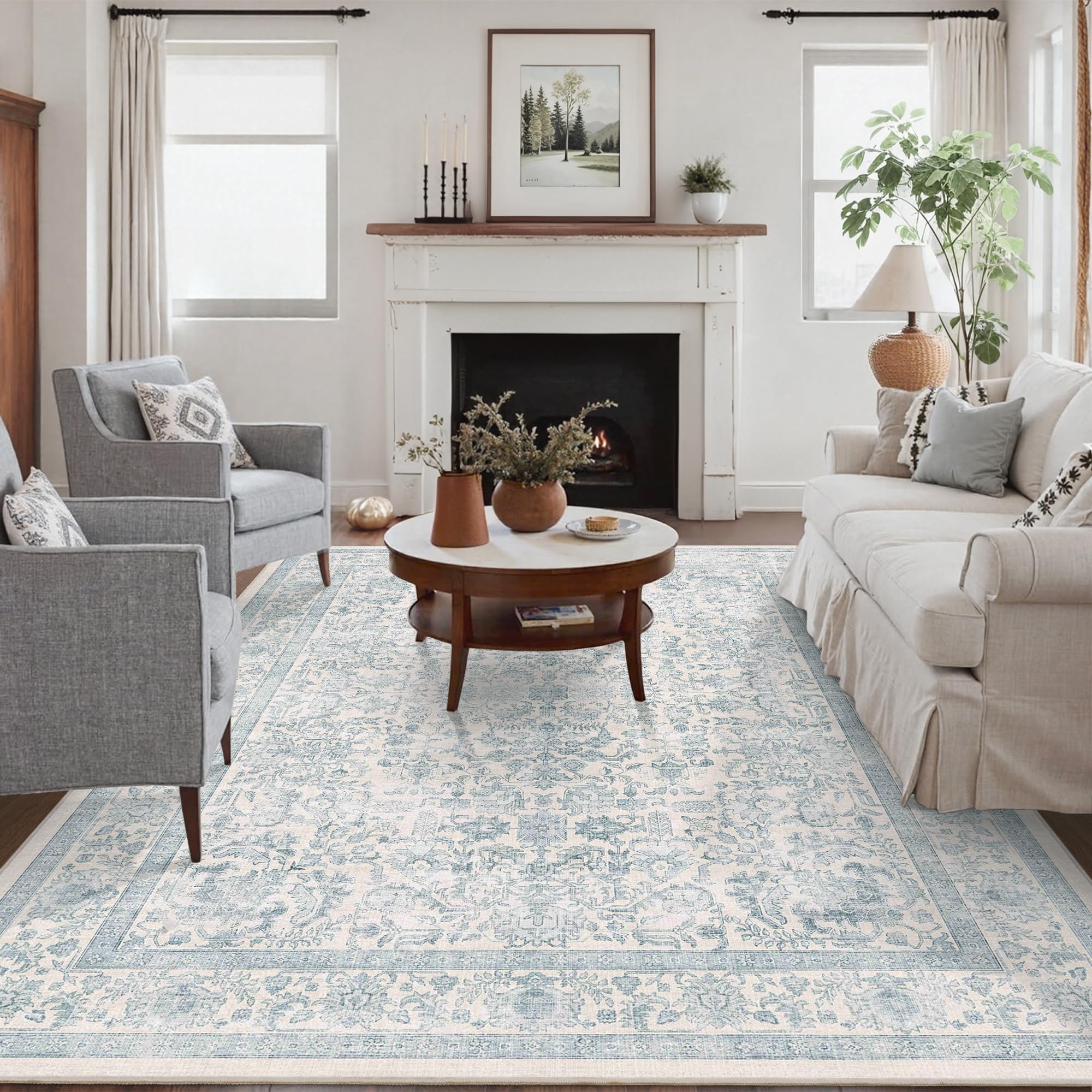 DUIDY 5x7 Vintage Persian Medallion Area Rug in Blue