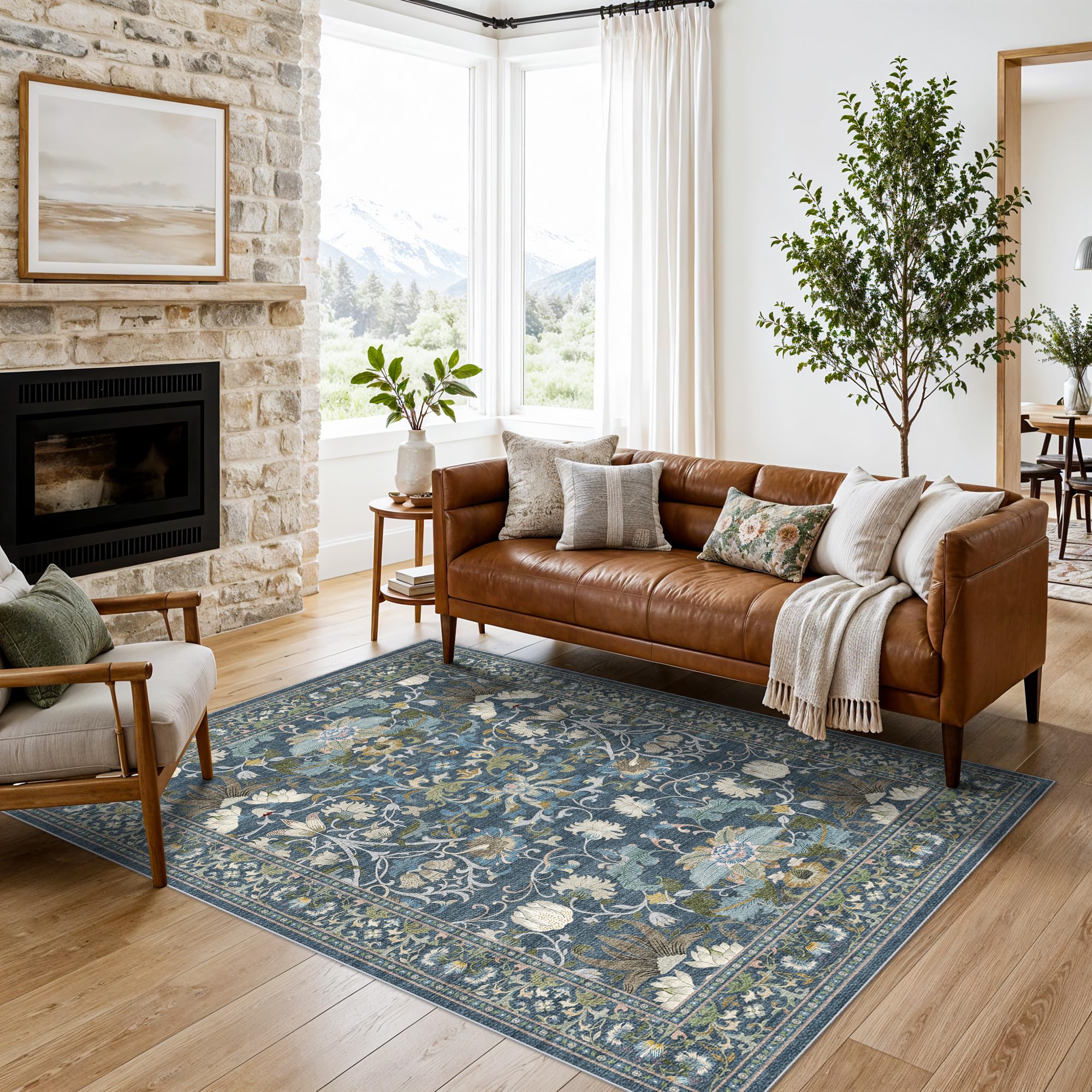 Living Room 6x8 Area Rugs: Farmhouse Washable Ultra Soft Carpet for Bedroom Nursery Indoor Stain Resistant Luxury Rug for Dining Room Non-Slip Durable Floor Mat for Pet Owners(6x8, Blue) 6' x 8' (Rectangular) Floral/Blue