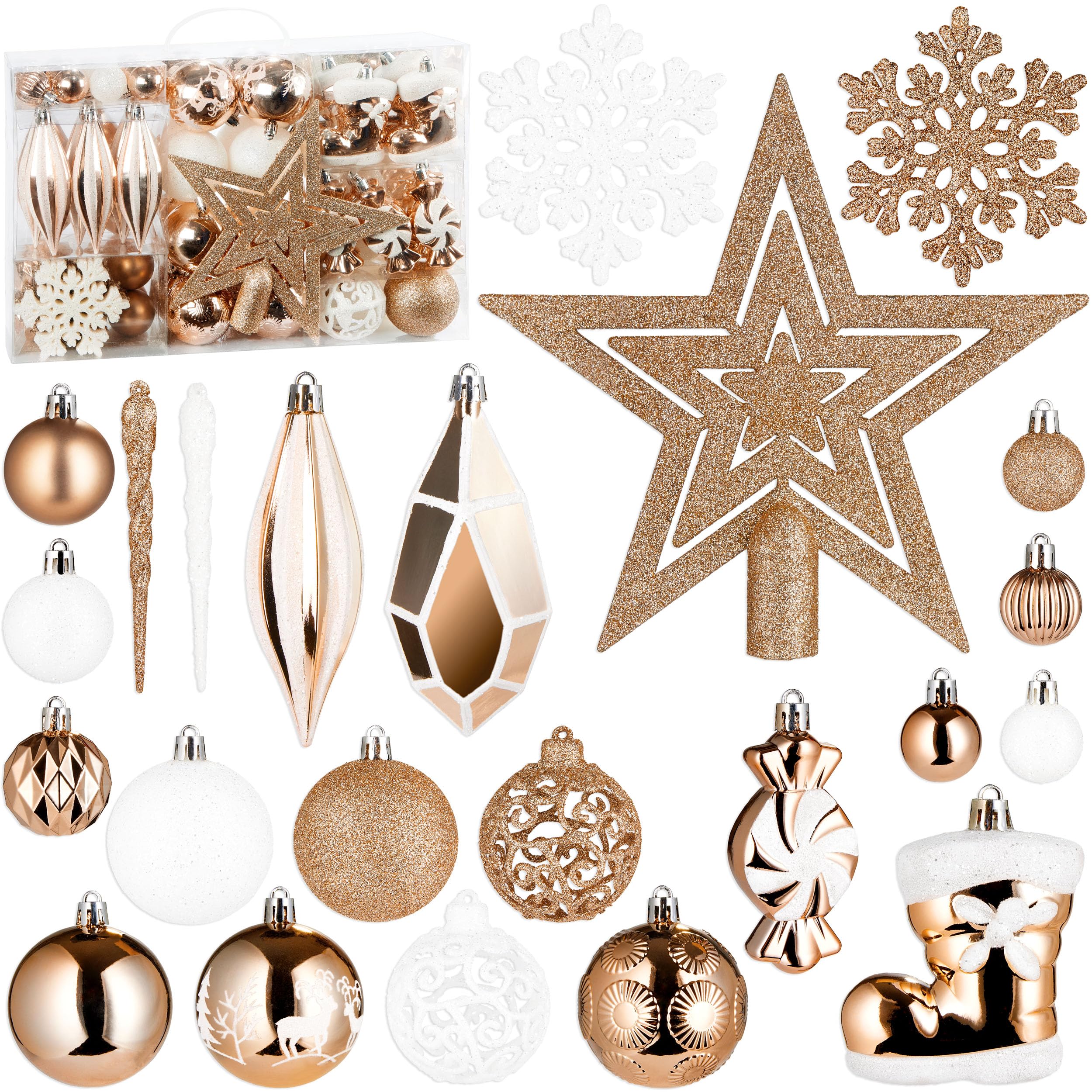 BRUBAKER Juego de 128 Bolas de Navidad - Adornos para el Árbol de Navidad XXL con Bolas de Purpurina, Carámbanos, Colgantes de Diamantes, Caramelos, Botas de Papá Noel y Estrella para el Árbol Champán