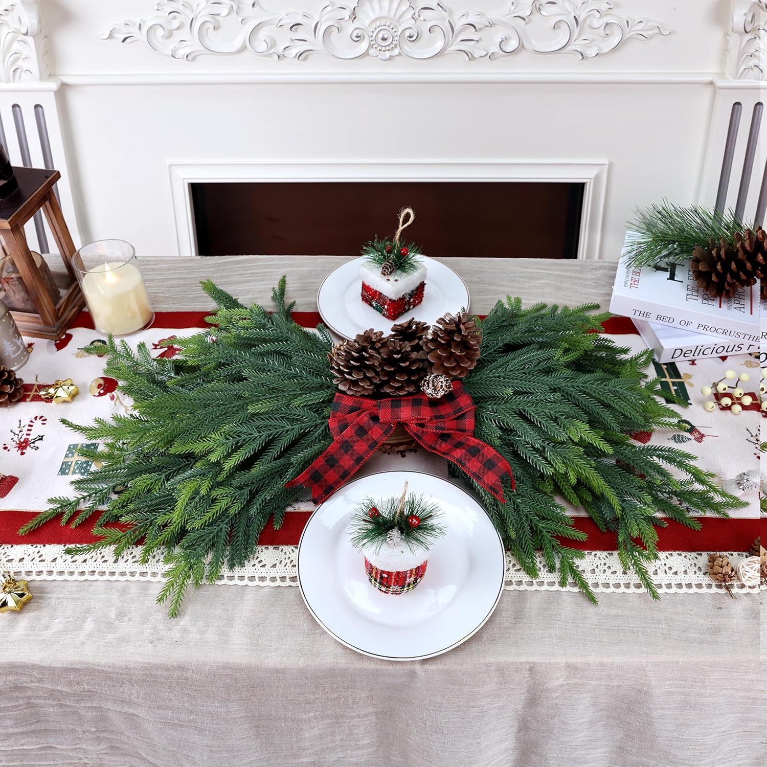 24 Pcs Pine Branches Artificial Green Pine Stem - Real Touch Christmas Greenery Pines Branch for Vase DIY Crafts Flower Arrangement Home Indoor Christmas Decor(18 Inch)