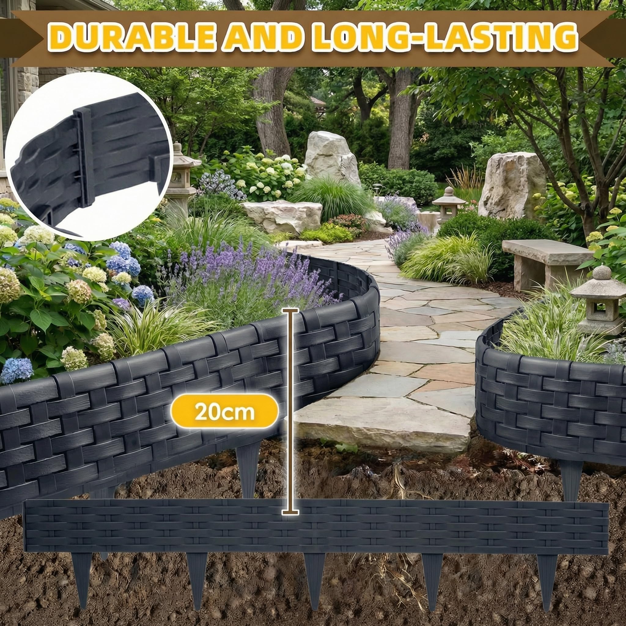 Bordure de Jardin Imitation Rotin 10 m, Lot de 10 Panneaux, Clôture Extérieure Flexible et Décorative, Installation Facile pour Gazon, Allée, Anthracite