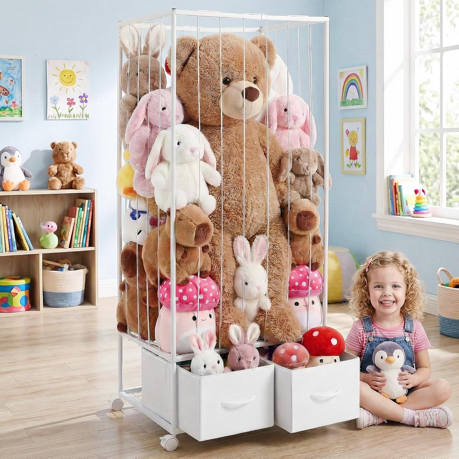 Stuffed Animal Storage Organizer, Jumbo Metal Stuffed Animal Zoo with 2 Drawers and Lockable Casters, 54"x24"x16.5" Extra Large Stuffed Animal Storage Holder Organizers for Playroom Bedroom Nursery