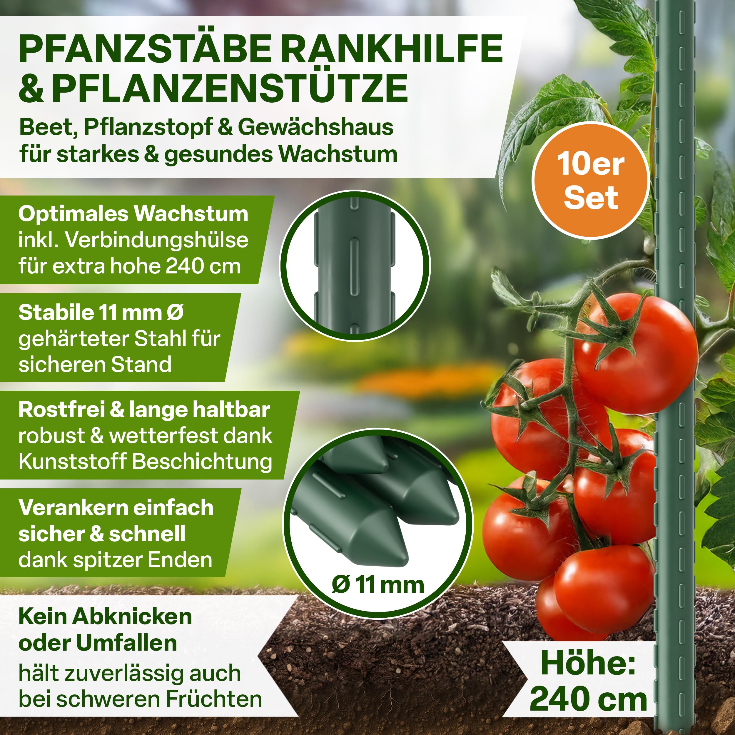 TTL GARDEN Lot de 10 tuteurs 240 cm x 11 mm de diamètre - Vert - Tuteurs + bande Velcro - En acier inoxydable revêtu de plastique - Support pour plantes - Pour tomates, poivrons, concombres, haricots