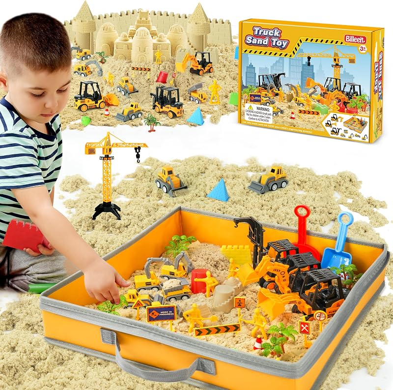 Billeeit. Sand Construction Kit w/Sand Box and 2.2lbs Sensory Bin Play Sand | Including 15 In Foldable Sand Box, 8 Truck Toys, Castle Molds and Other Accessories 36Pcs Set, Gifts for Kids 3+