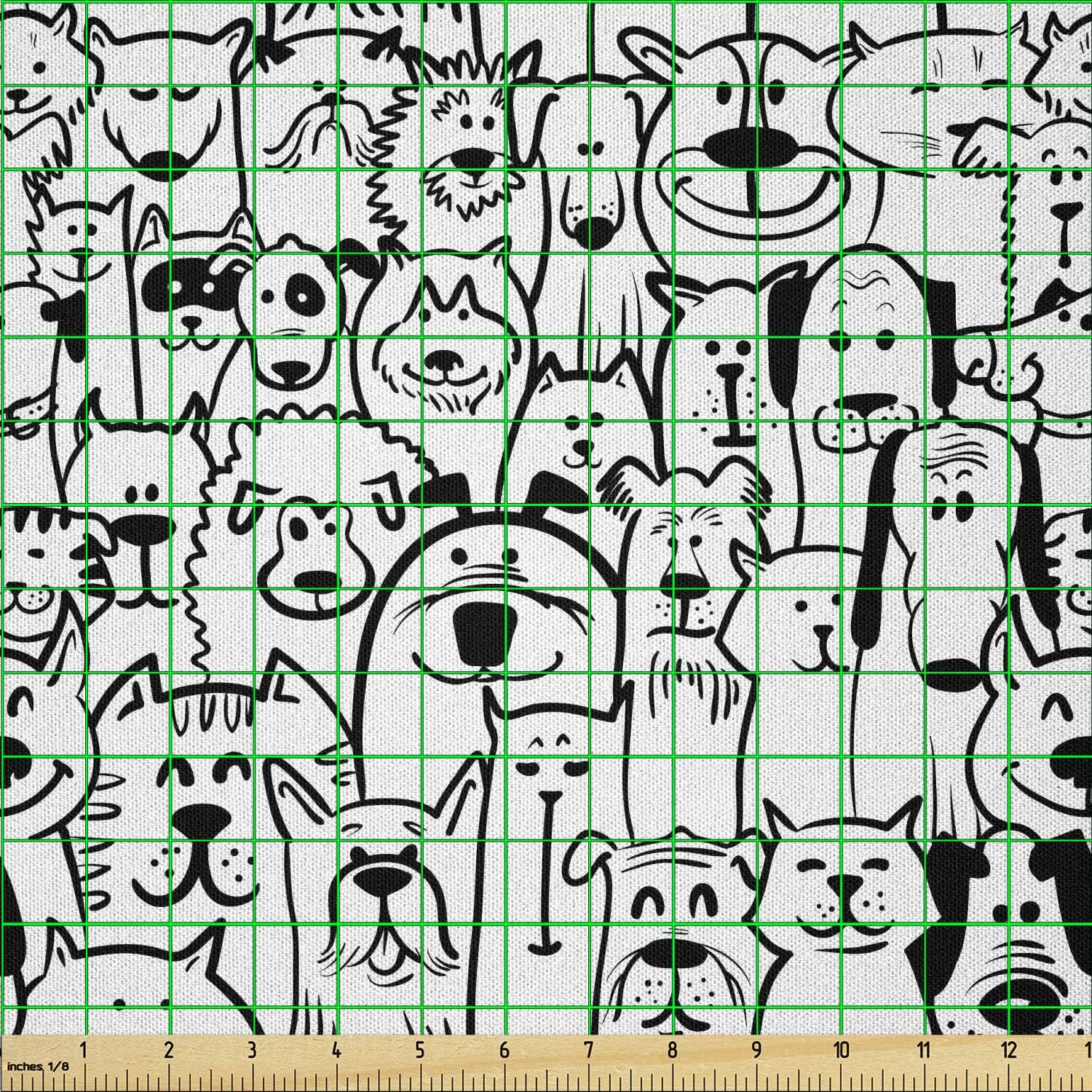Ambesonne Dogs Fabric by The Yard, Monochrome Doodle Art Composition with Cheerful Animals Smiling Pet Faces, Microfiber Fabric for Arts and Crafts Textiles & Decor, 3 Yards, Charcoal Grey and White