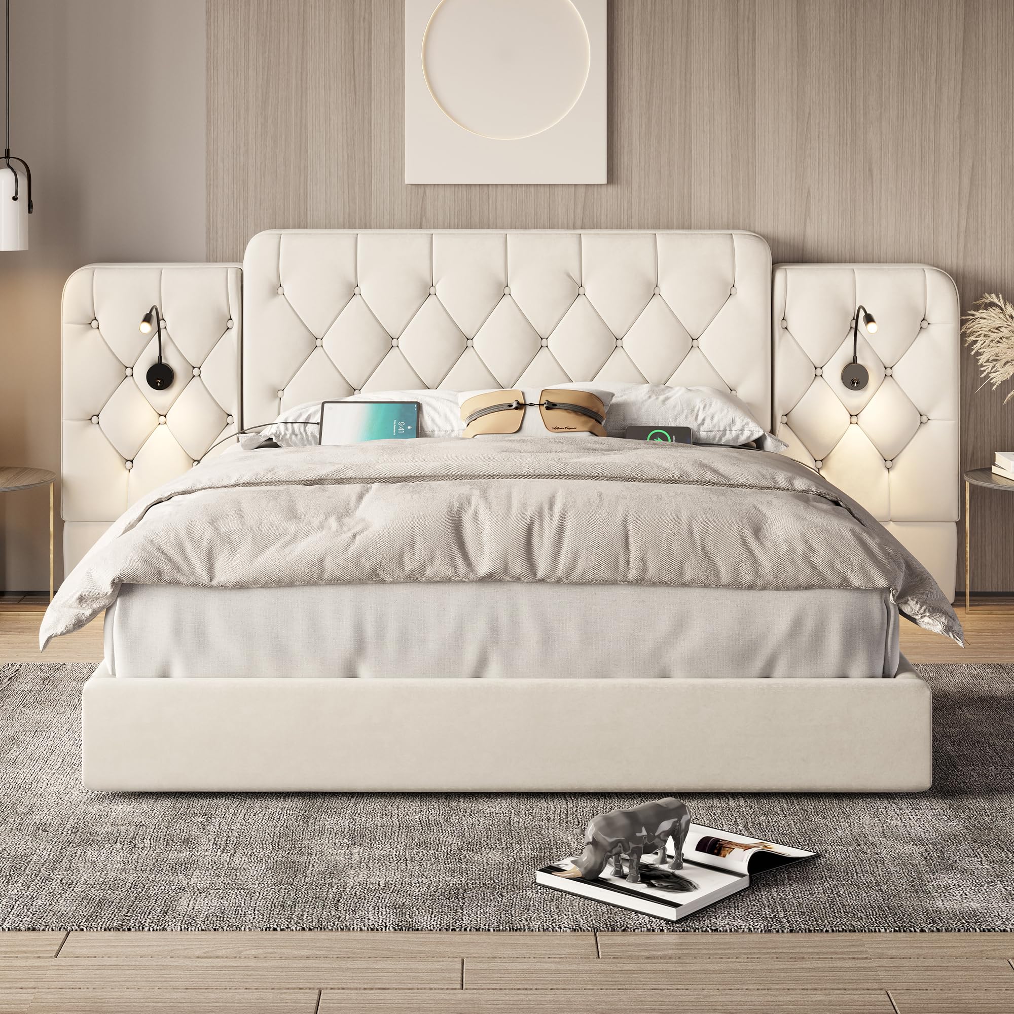 Estructura de cama con cabecero largo, 160 x 200 cm, material de terciopelo moderno, varios puertos USB, lámpara de escritorio, sistema hidráulico, espacio de almacenamiento extra grande, color