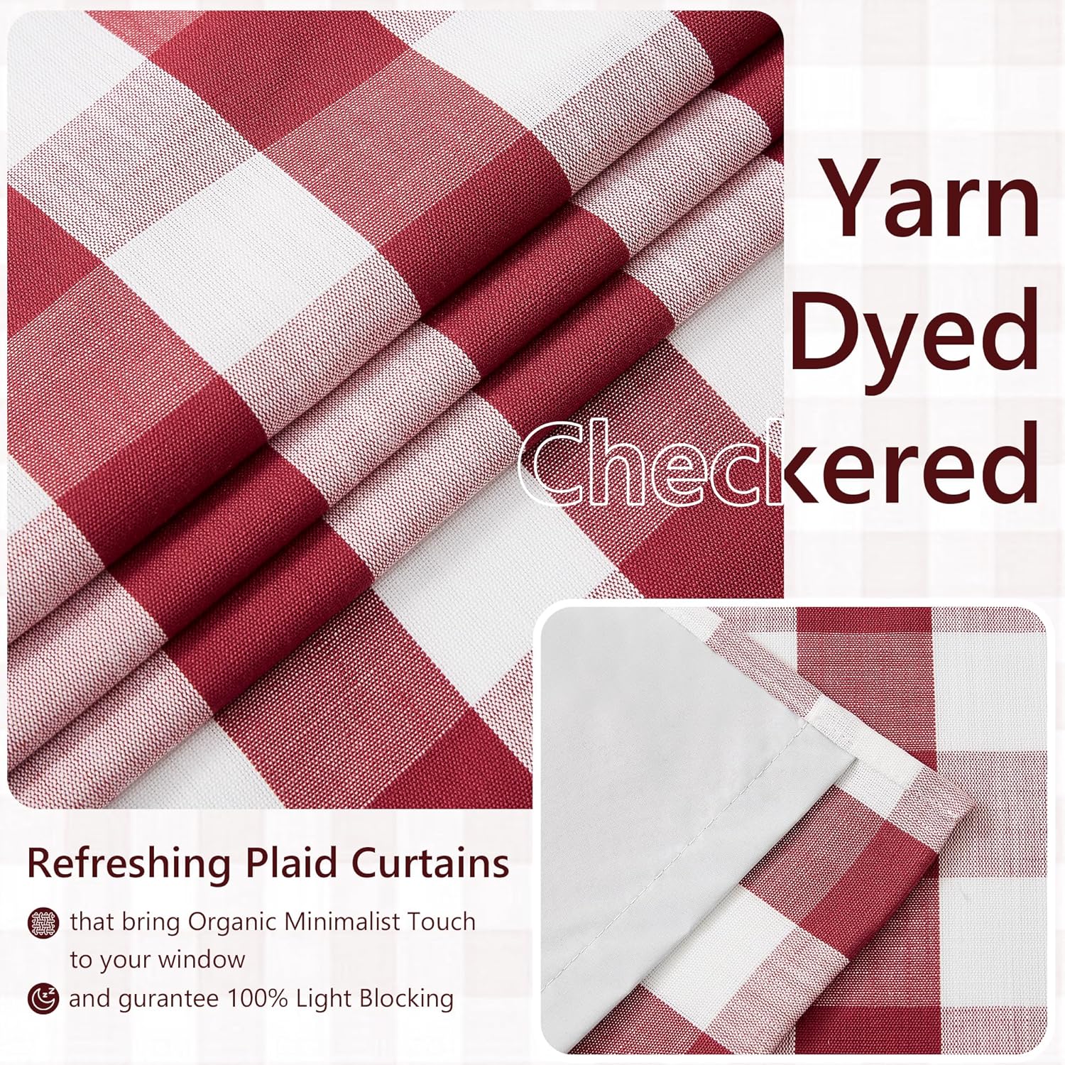 Amzdecor Buffalo Check Plaid Full Blackout Window Curtains 90 Inches Long for Bedroom Noise Reducing Total Room Darkening Grommet Drapes,Vintage Farmhouse Window Treatment,2 Panels,52"x90",Red White