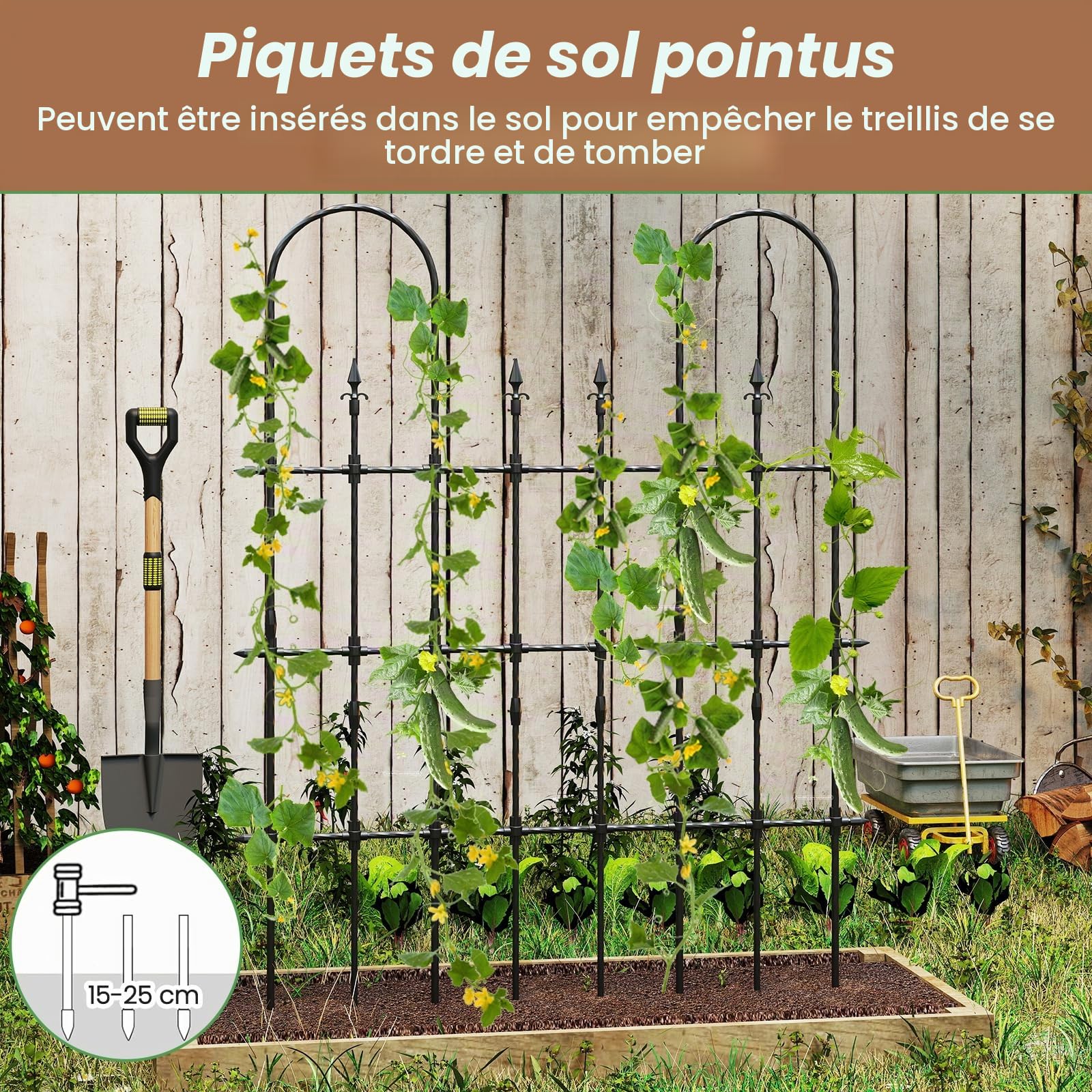 HOMASIS Treillis de Jardin Extérieur en Métal, Support pour Plantes Grimpantes avec Tuyaux Métalliques Revêtus de PE Antirouille, Piquets Aiguisés pour Légumes Fleurs, Grillage pour Plantes Décorative
