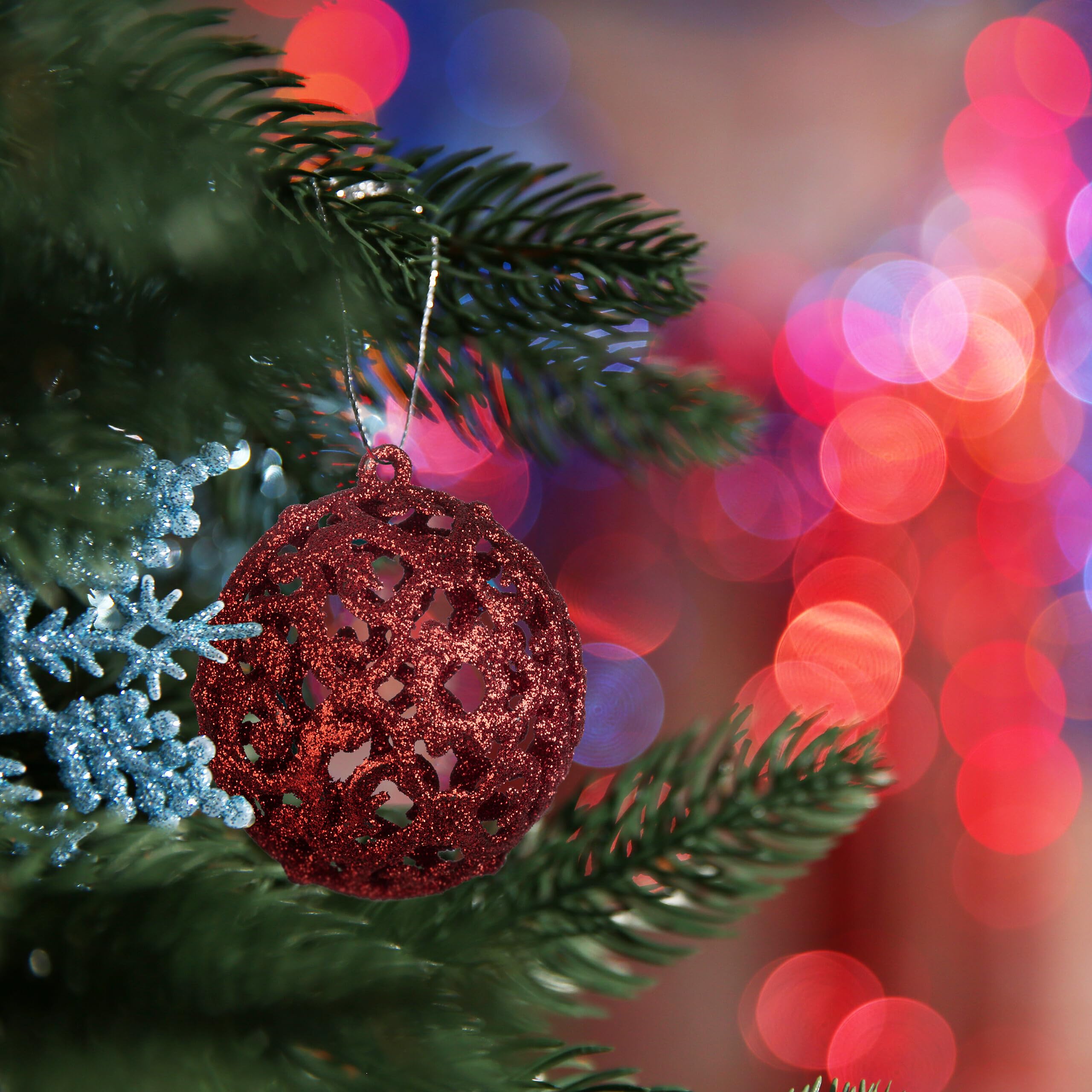Relaxdays Christmas Bauble Set of 50, Glittery, Matt & Shiny Ornaments, Plastic Xmas Tree Balls, diameter : 3, 4 & 6 cm, Red - Image 2