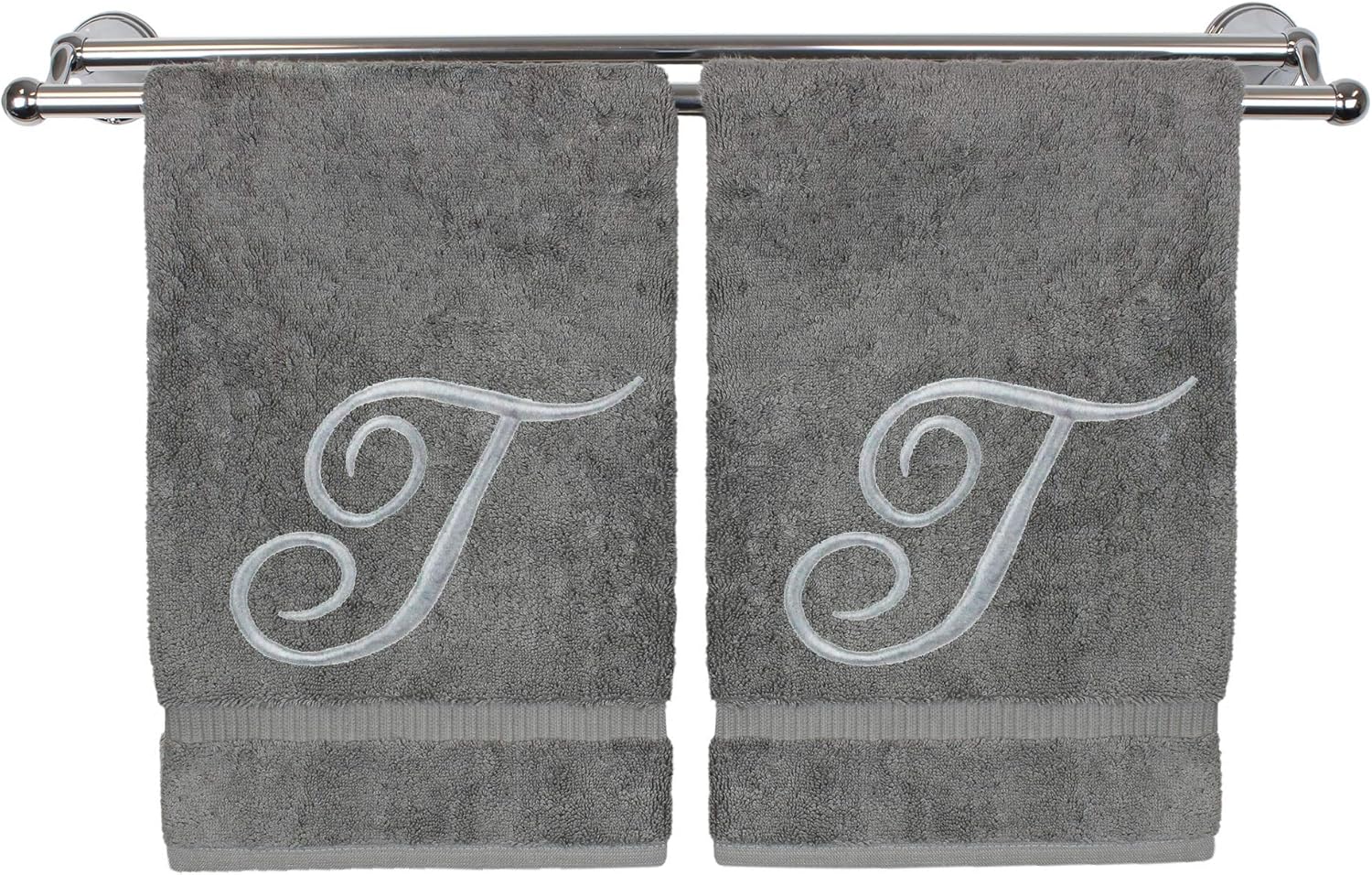 Monogrammed Hand Towel, Personalized Gift, 16 x 30 Inches - Set of 2 - Silver Embroidered Towel - Extra Absorbent 100% Turkish Cotton- Soft Terry Finish - for Bathroom, Kitchen and Spa- Script T Gray