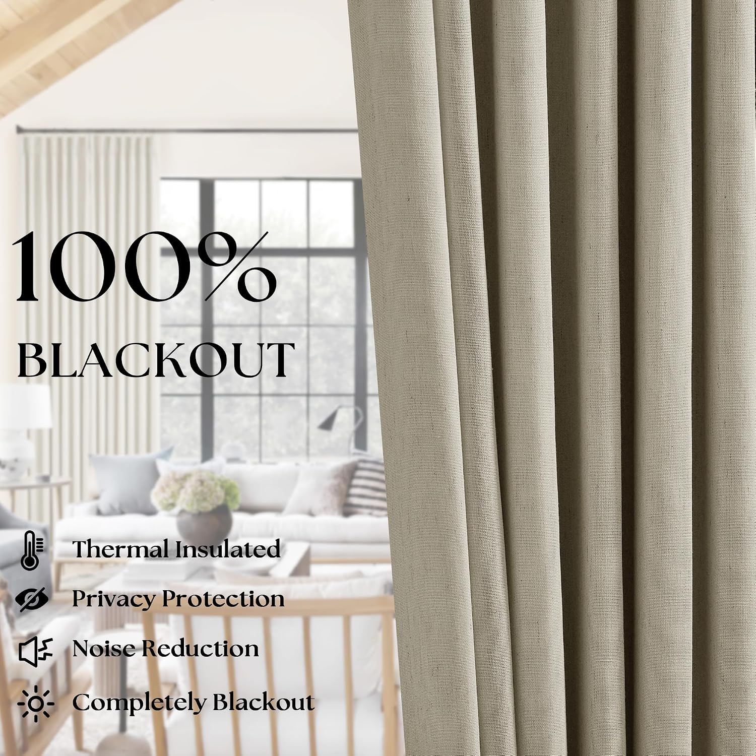 Burlywood Birch Pleated 100% Blackout Linen 45 Inch Curtains with Liner thumbnail