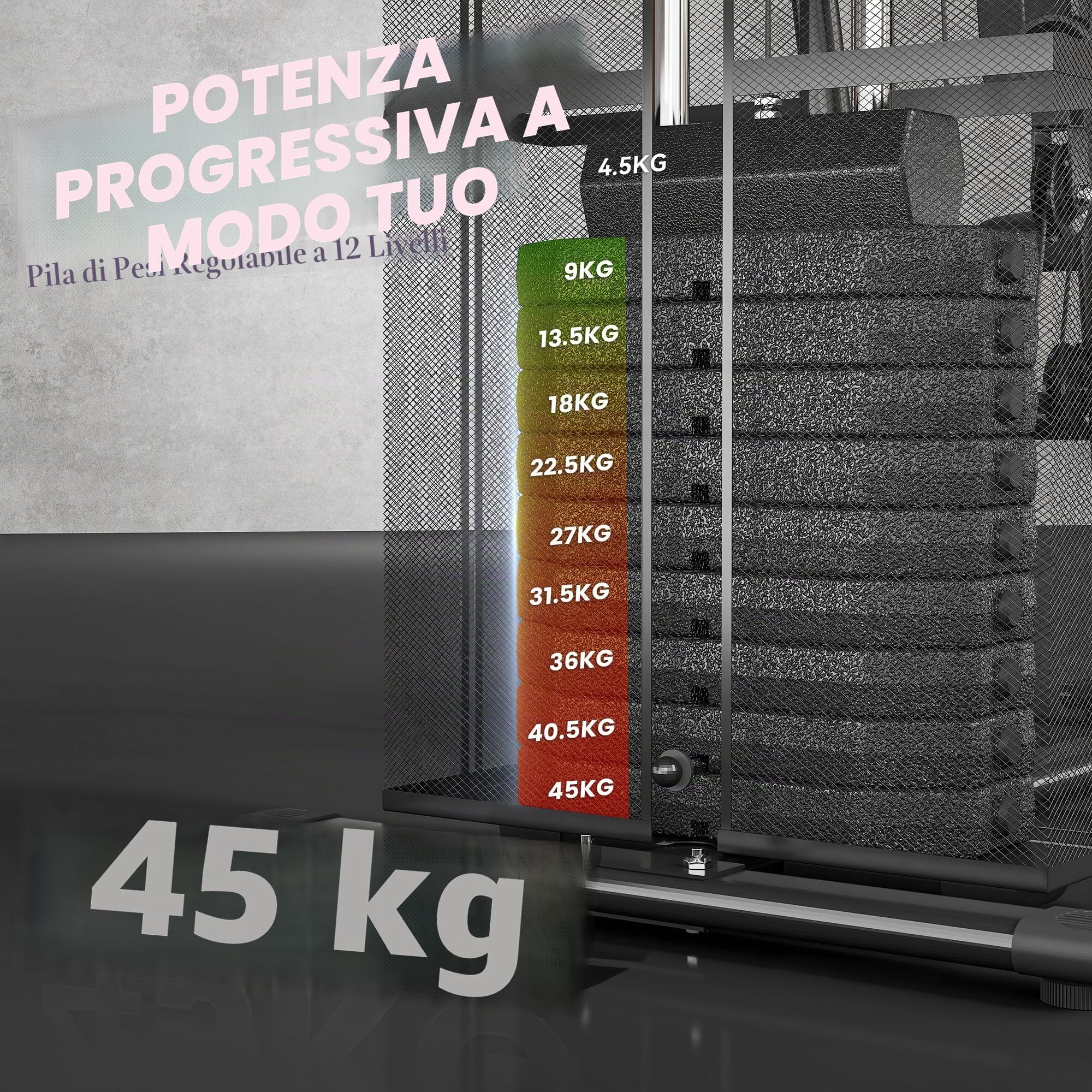 HOMCOM Attrezzatura da palestra domestica, stazione di allenamento multi palestra con pila di pesi da 45 kg, stazione toracica, pressa a farfalla e sviluppatore gambe per allenamento della forza
