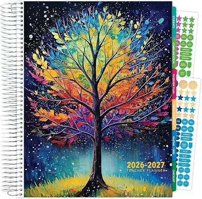 DELUXE TEACHER PLANNER Aug 2026-Jul 2027 8.5x11 Daily Weekly Monthly Organizers with 7 Periods, Pocket Folder, Dated Calendar, Page Tabs, Bookmark and Planning Stickers (Black Tree Seasons)