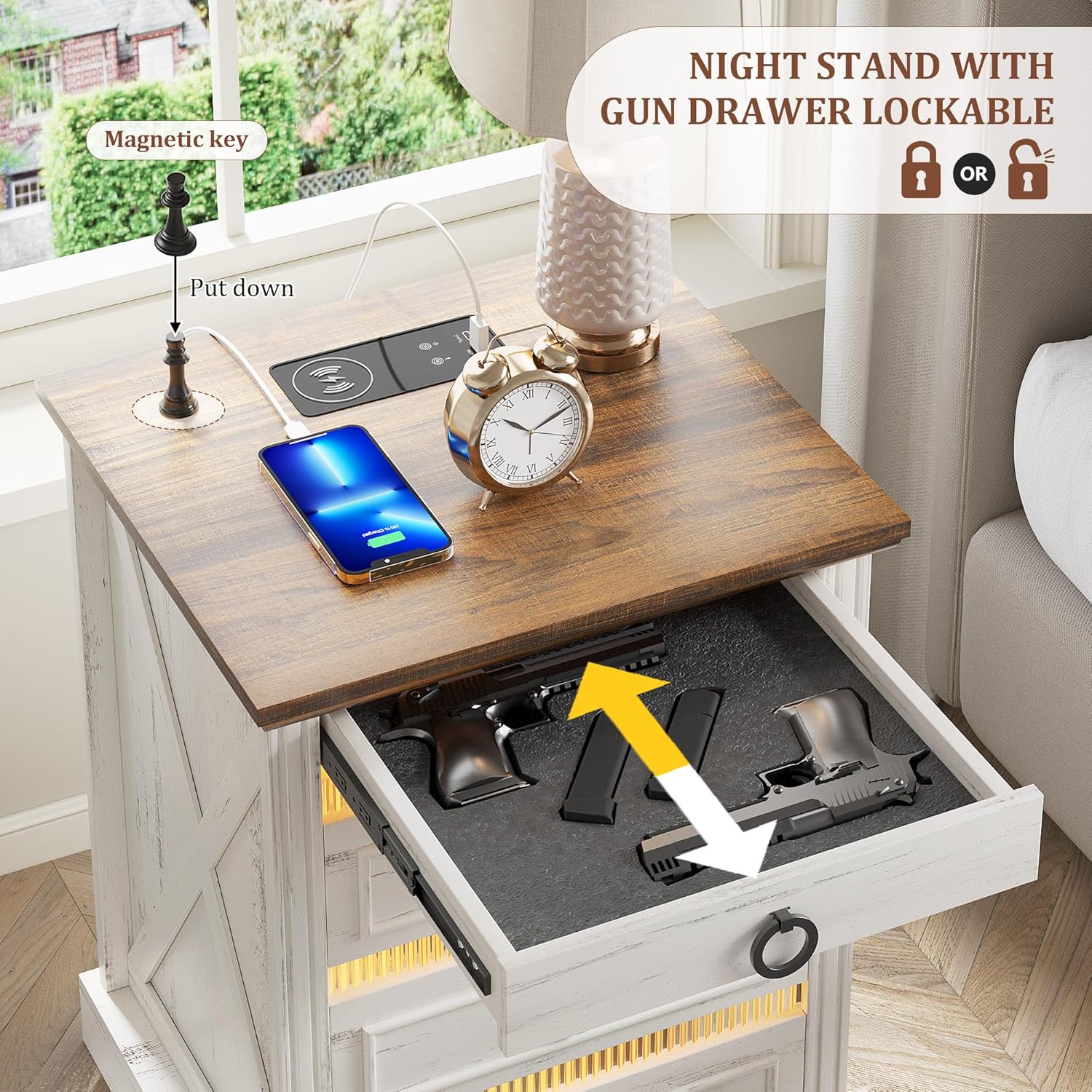 Farmhouse Night Stand Set 2 with Gun Drawer, Bedside Table with Charger Station, LED Nightstand with Human Sensor Light, Smart End Table for Bedroom Livingroom, Antique White