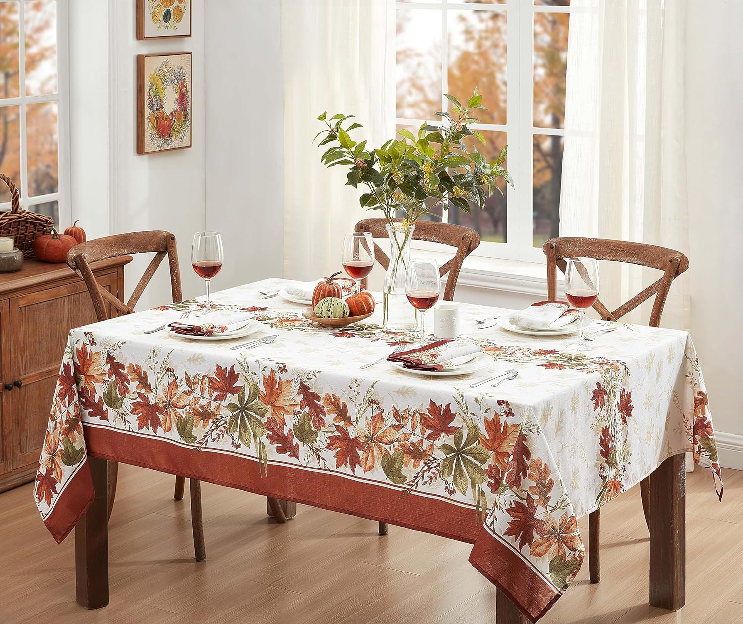 Newbridge Thanksgiving Elements of Nature Fall Foliage Bordered 60 x 144 Inch Rectangle Fabric Tablecloth, Swirling Leaves Easy Care Stain and Wrinkle Resistant Table Cover for Holiday Party Dining