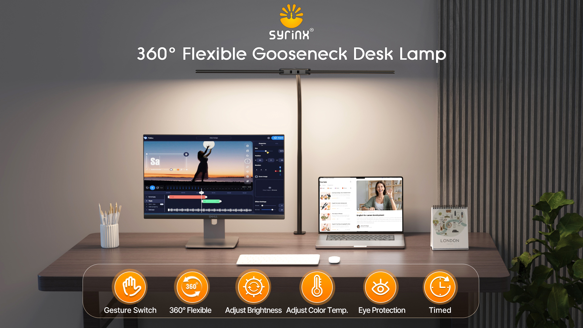 Image of Syrinx LED Desk Lamp for Home Office, Architect Desk Lamp with Clamp, Gesture /Wired Control, Ultra Bright Gooseneck Desk Light, Memory & Timer, 50 Lighting Modes for Study, Reading, Crafting