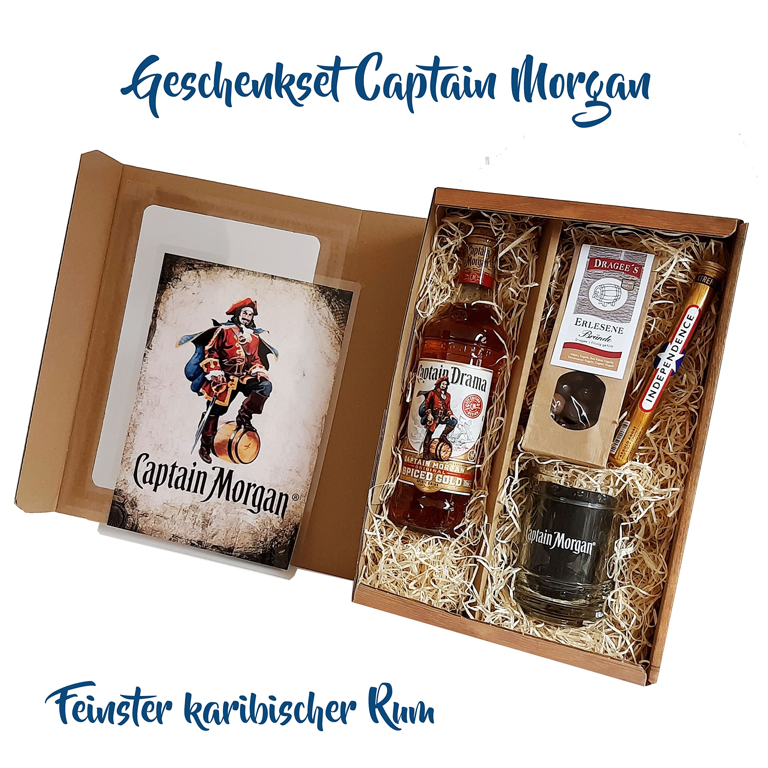 Captain Morgan Geschenk Set | Feinster Karibischer Rum mit Original Glas, Zigarre und Dragee´s | Geschenkkorb 5-teilig | Geschenk für Männer | Geschenkideen mit Alkohol | Präsentkorb gefüllt