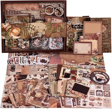 emmoolife Scrapbooking Supplies Kit, Coffee Vintage Aesthetic Scrapbook Kit for Bullet Junk Journal, DIY Journaling Supplies with Coffee Bean Cup, Latte Art, Birthday Craft Gift for Teen Girl Women