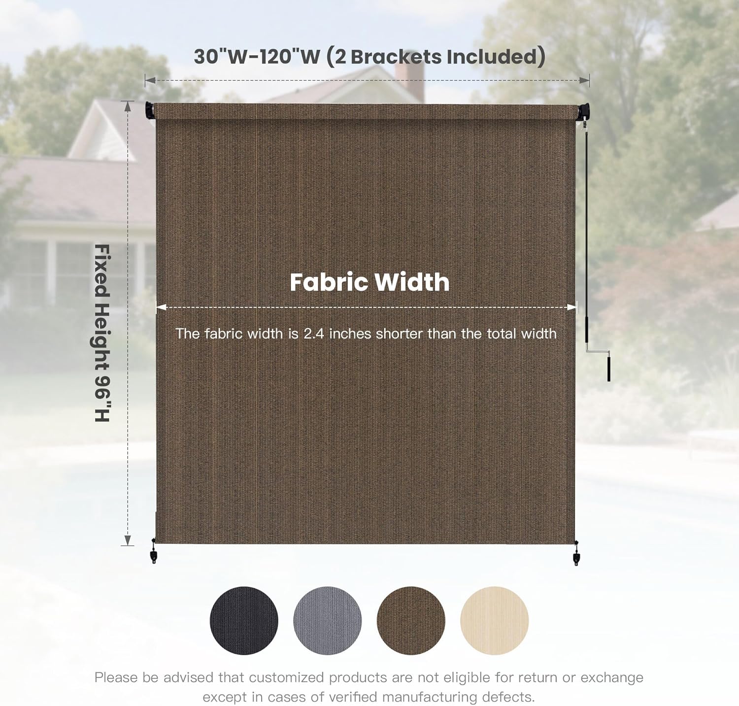 Custom Size 115" W×96" H Outdoor Cordless Roller Shade with Spliced Design, 220GSM Roll Up Blinds Shade for Patio, Yard, Deck and Porch, Mocha